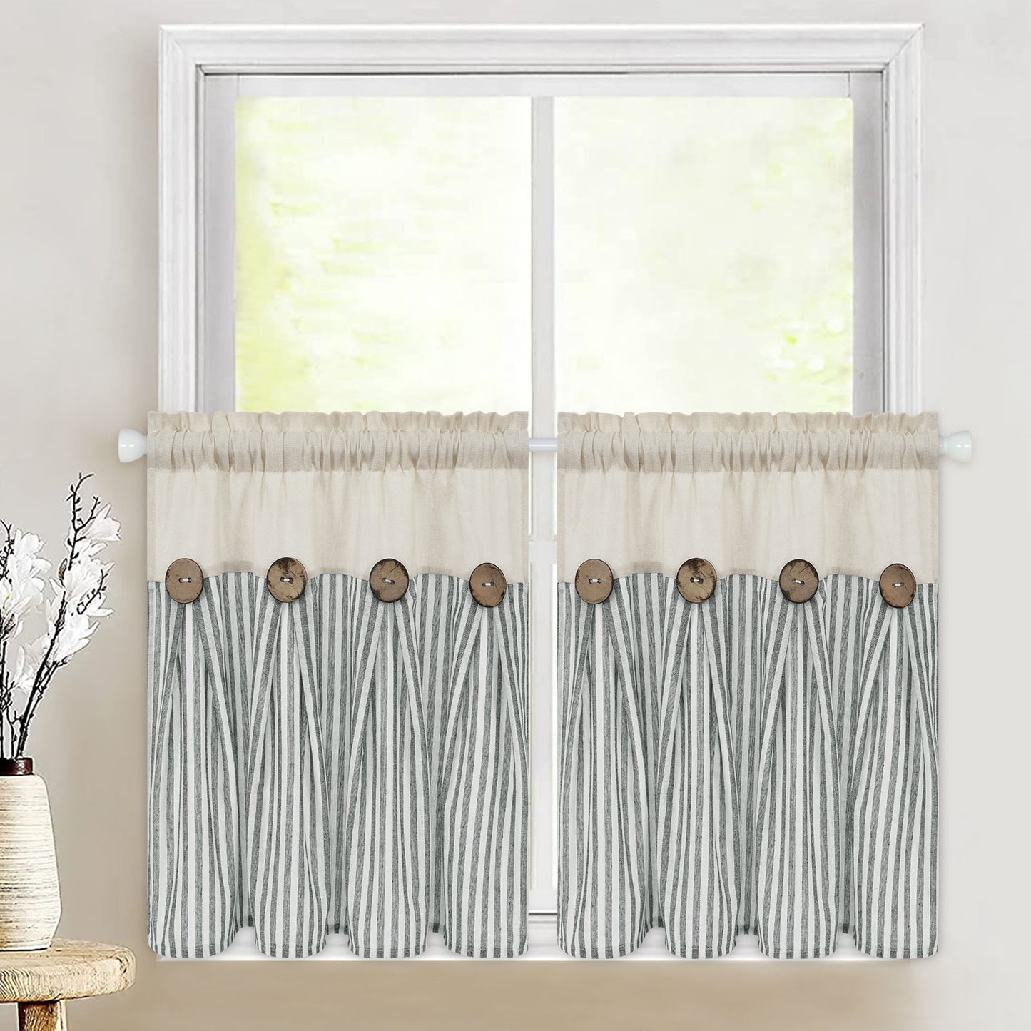 Alishomtll Stripe Kitchen Curtains 8 Button Linen Cotton Window Curtains Sets 24 Inches Long ,Rod Pocket