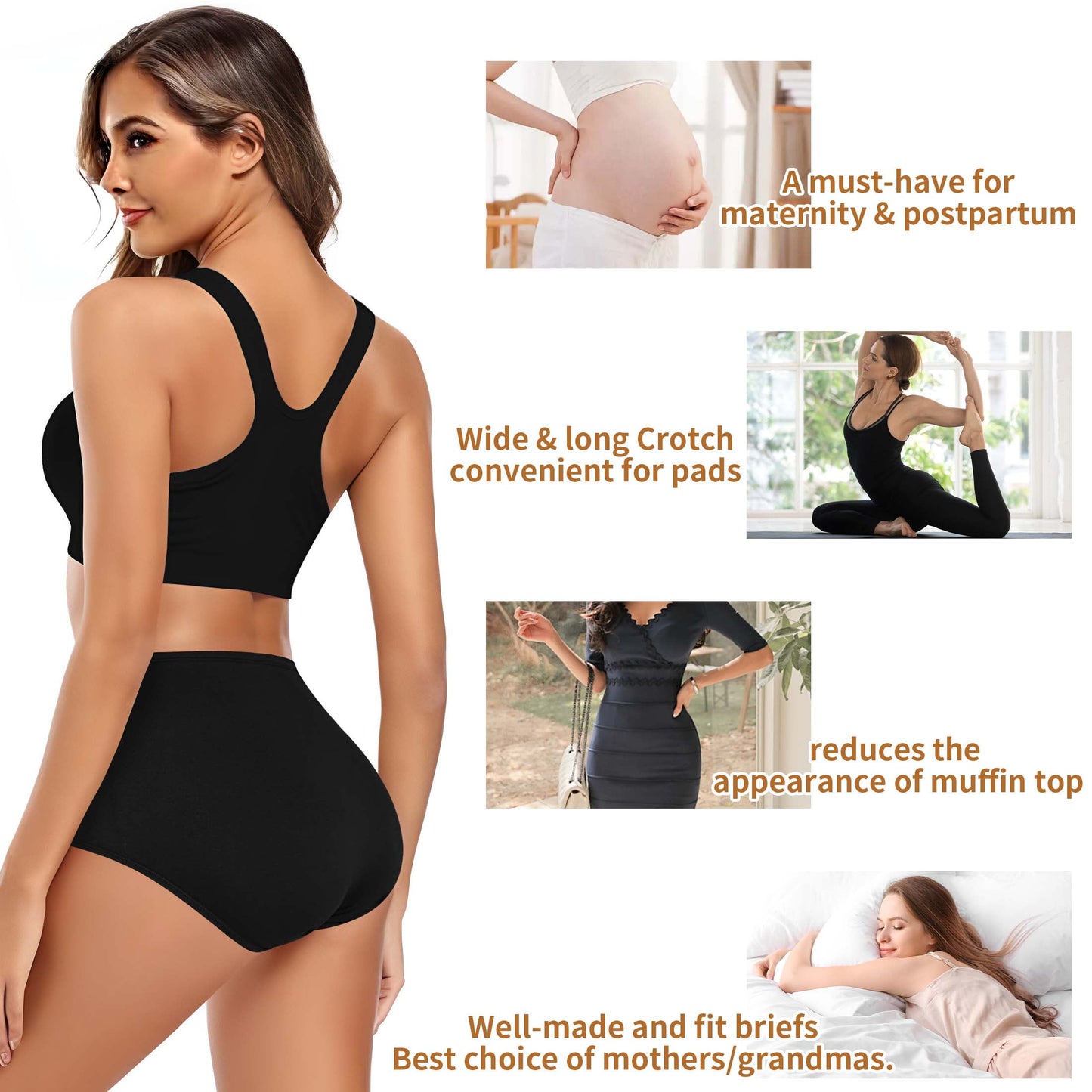 MecTo Underwear for Women Plus Size High Waisted Cotton Panties High Cut Full Coverage Cotton Briefs Breathable, Black 5-Pack