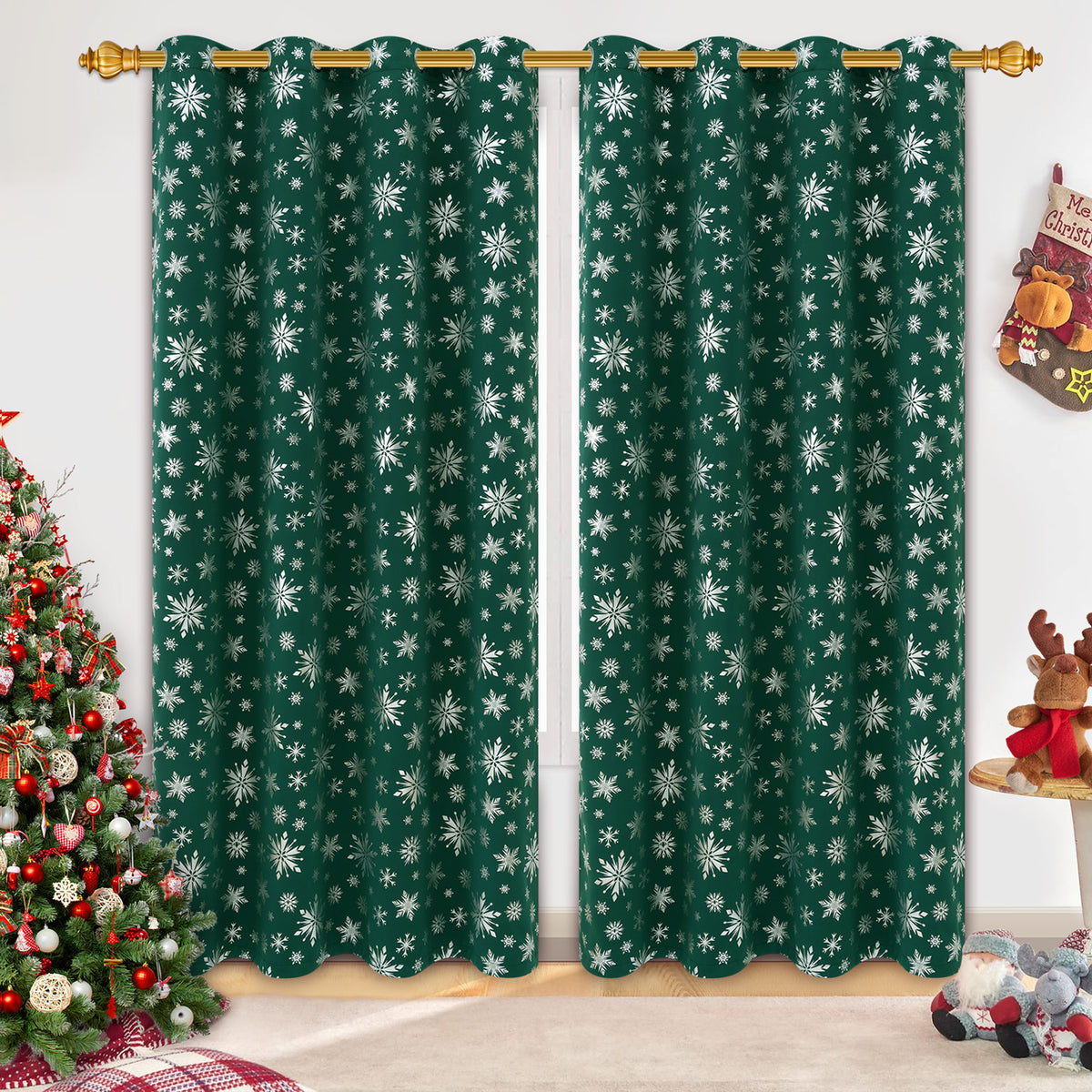 Alishomtll Red Christmas Curtains for Living Room Blackout Golden Snowflake Foil Pattern Room Darkening Window Drapes Holiday Xmas Decor, 52" x 84"L, Set of 2 Panels