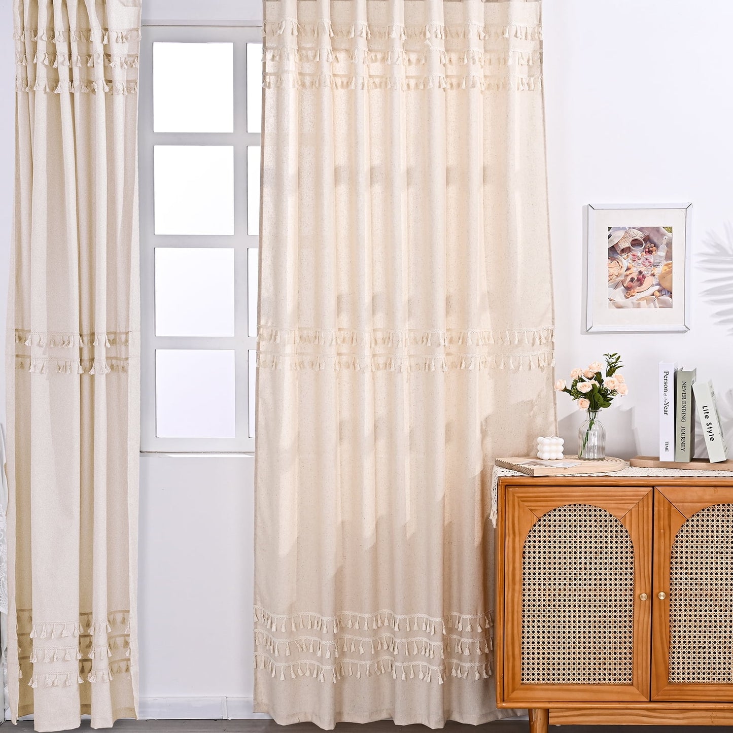 Alishomtll Boho Curtains for Living Room Semi Blackout Curtains with 8 Tassel Window Drapes Back Tab ,Natural，52"Wx63"L，2 Panels