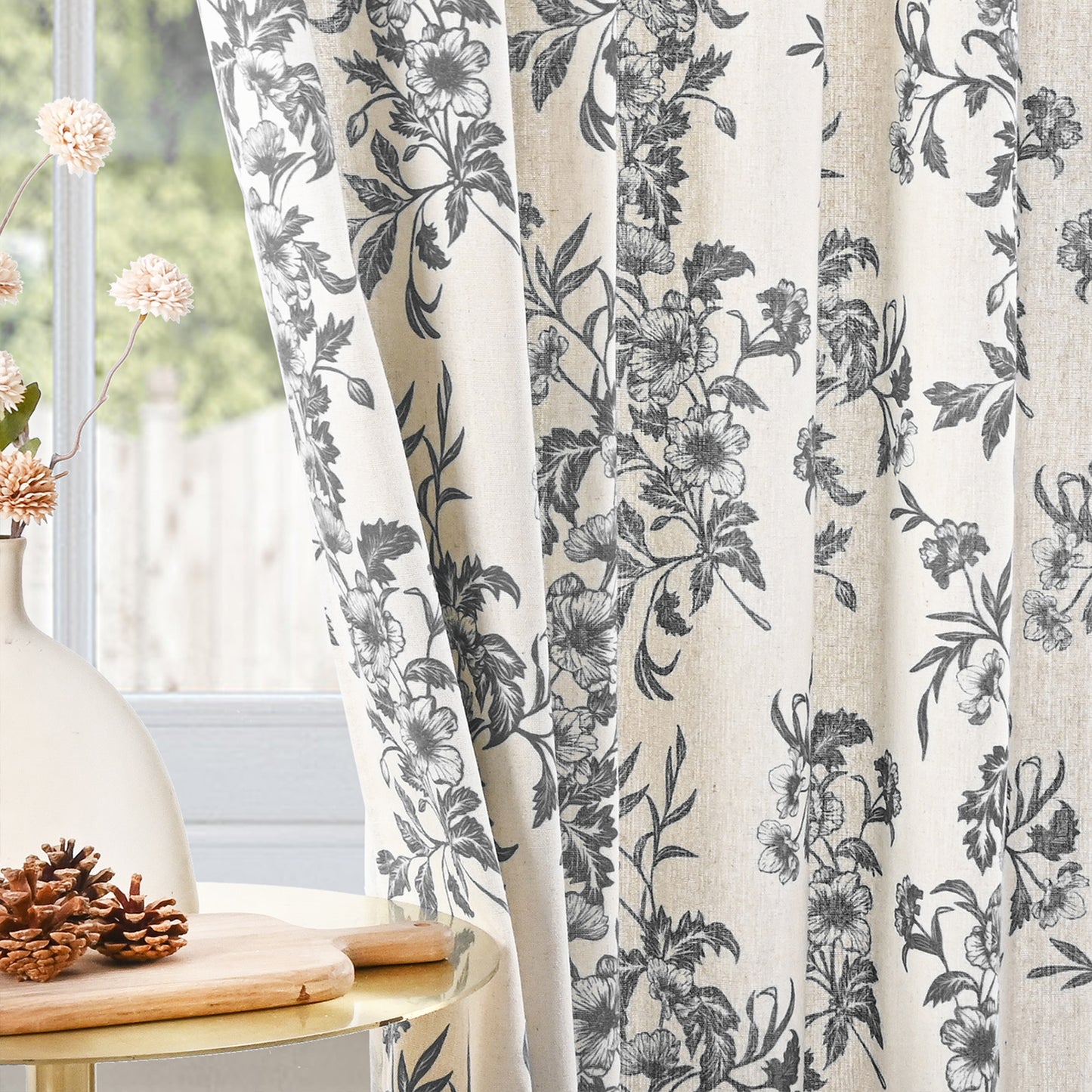 Alishomtll Floral Curtains for Living Room Farmhouse Country Linen Curtains Light Filtering Window Drapes,Black ,52"x63", 2 Panels