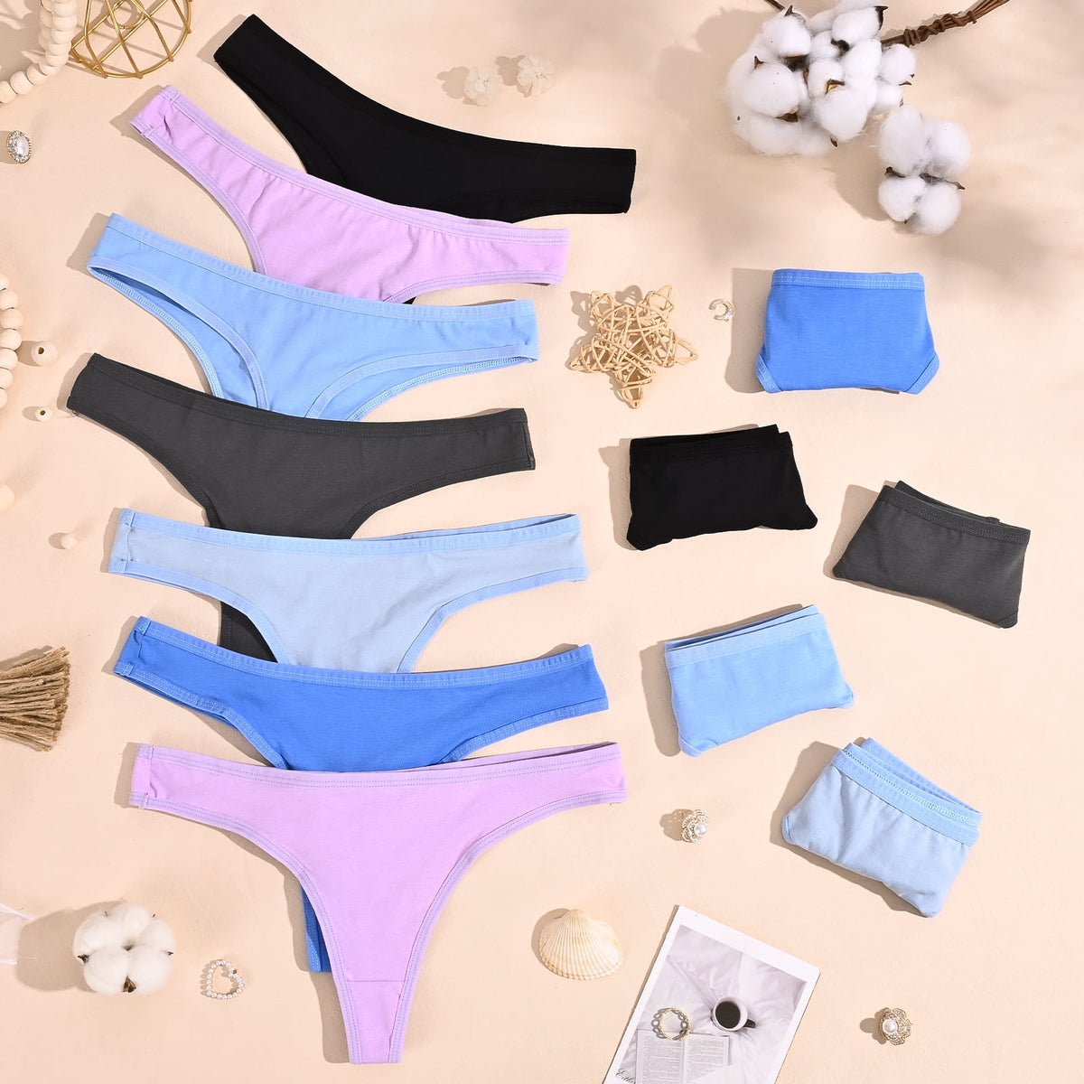 Sunm Boutique Cotton Underwear for Wome, Low Rise No Show Breathable Underwear Underwear Bikini Panties 12 Packs