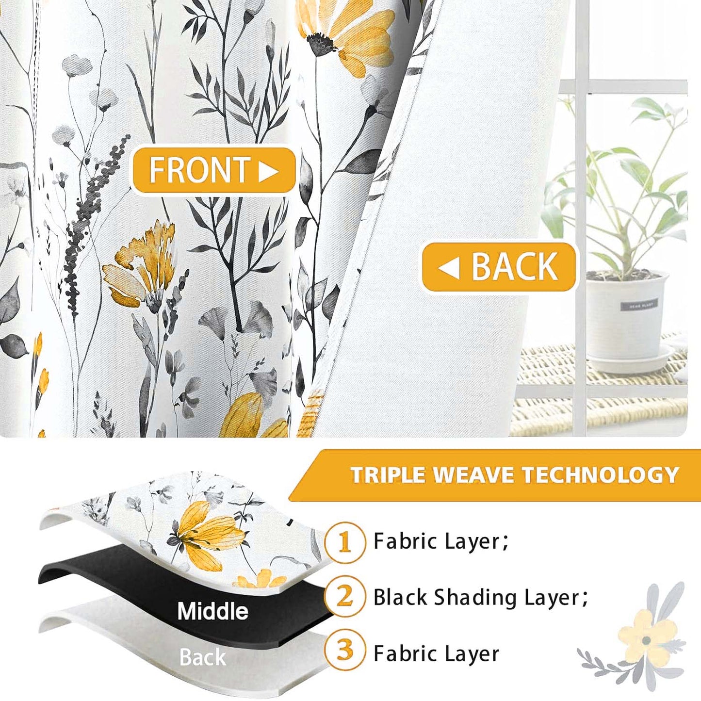 Alishomtll Yellow Floral Blackout Curtains for Living Room Bedroom Energy Efficient Thermal Insulated Grommet Window Drapes, 52"x 63",Set of 2