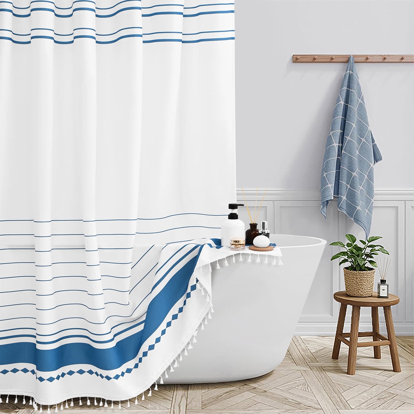 FRAMICS Striped Tassel Shower Curtain Sets with Bath Rug, Boho Farmhouse Bathroom Sets with Hooks, Heavy-Duty Fabric Slub Textured, Water-Repellent and Washable, 72" x 72", Blue