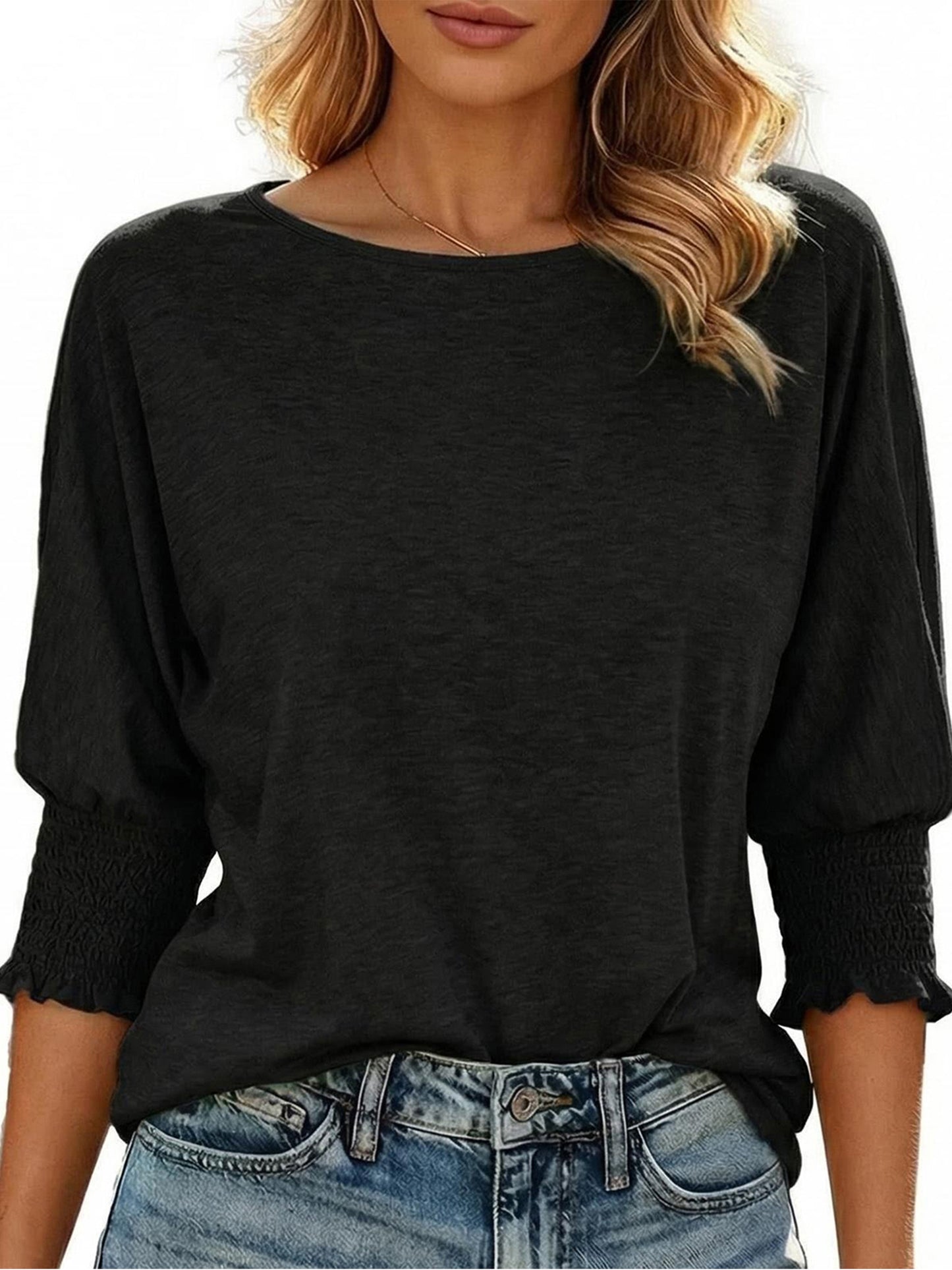 Gingprous 3/4 Sleeve Womens V-Neck Tunic Blouse Hollow Out Lace Sleeve Tops Curved Hem Casual Shirt