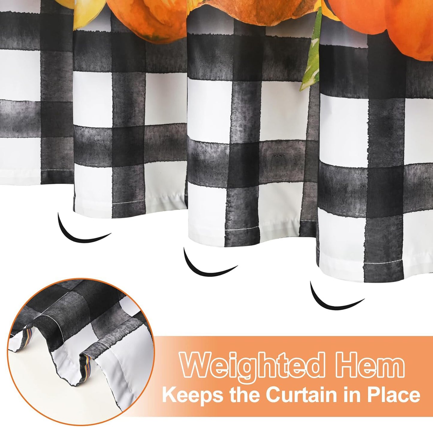 FRAMICS Fall Shower Curtain Set with Rugs, Thanksgiving Pumpkin Bathroom Sets, Black White Buffalo Check Waterproof Fabric Shower Curtain with 12 Hooks and Toilet Rugs