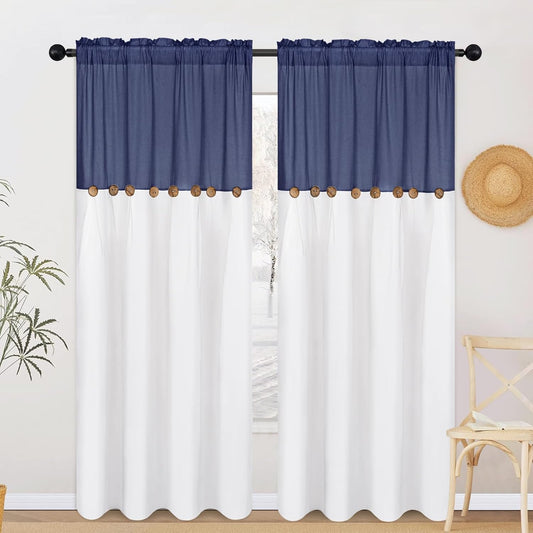 Alishomtll Linen Curtains Farmhouse Boho Button Light Filtering Window Drapes For Living Room Bedroom,Rod Pocket,84"L x 52"W, 2 Panel,Blue White