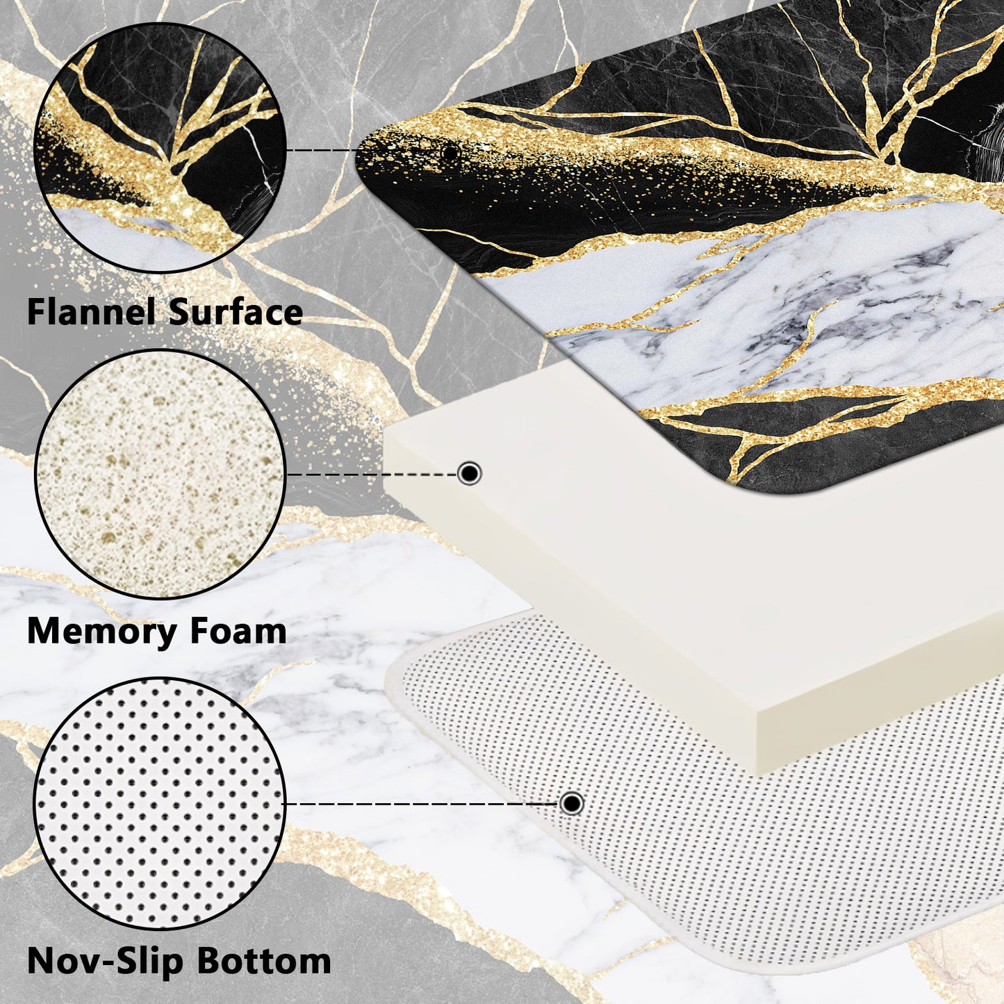 FRAMICS Black Gold Marble Shower Curtain and Rug Sets, 16 Pc Modern Bathroom Sets, Waterproof Fabric Shower Curtain with 12 Hooks and Toilet Rugs