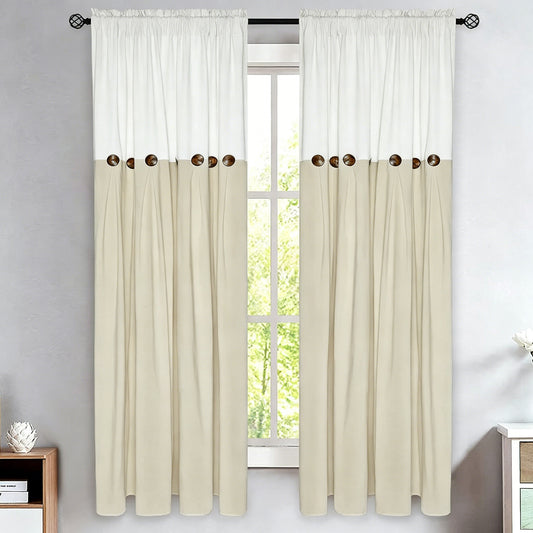 Alishomtll Linen Curtains Farmhouse Boho Button Light Filtering Window Drapes For Living Room Bedroom,Rod Pocket,63"L x 52"W, 2 Panel,Linen White
