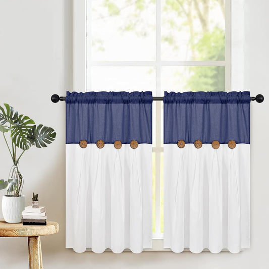 Alishomtll Linen Farmhouse White Boho Button Solid Print Rod Pocket Light Filtering Curtains, 26" x 36" (2 Panels),Blue white