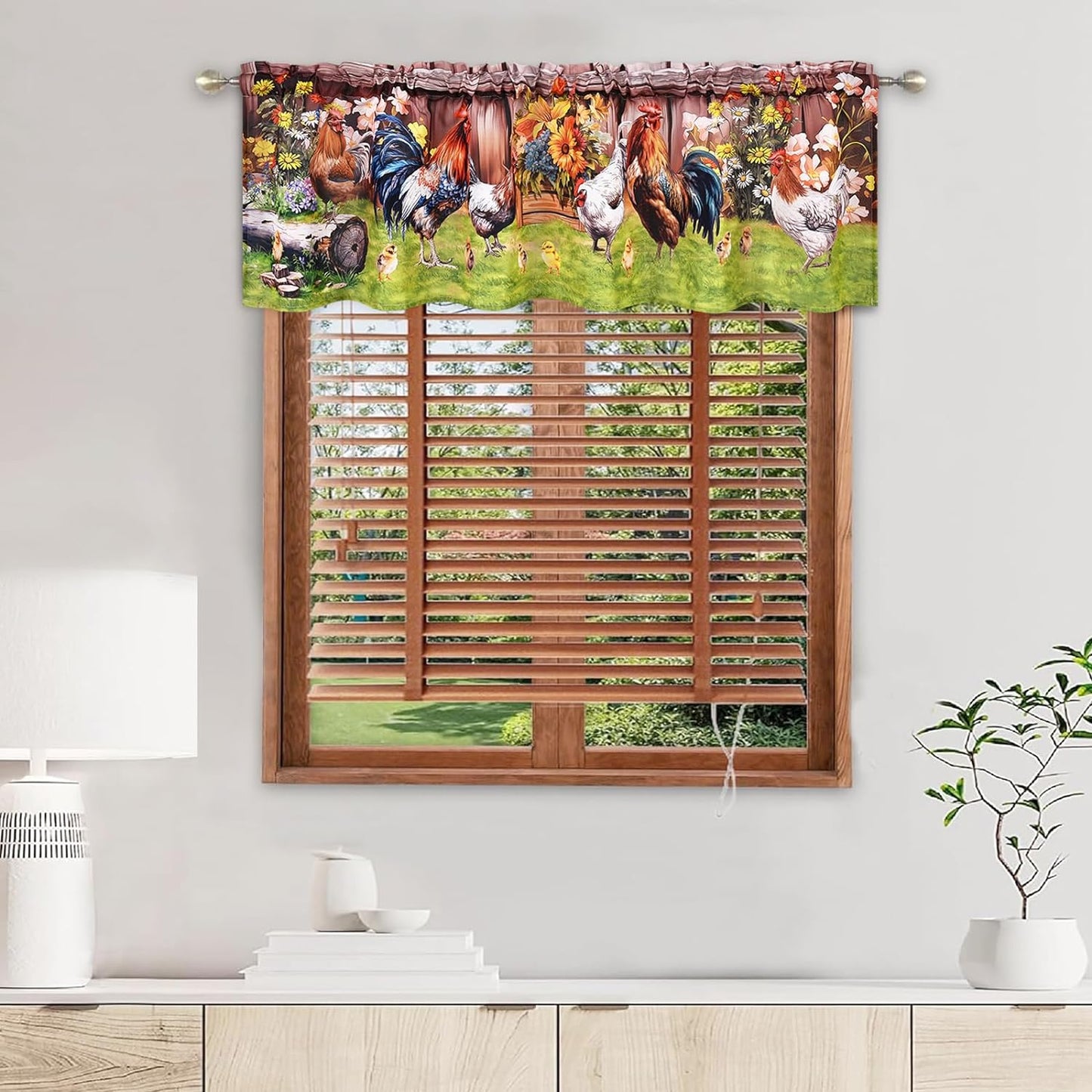 Alishomtll Farmhouse Rooster Valances Curtains for Kitchen Floral Rustic Rod Pocket Living Room Bedroom Small Window Drapes, 60''W x 18''L