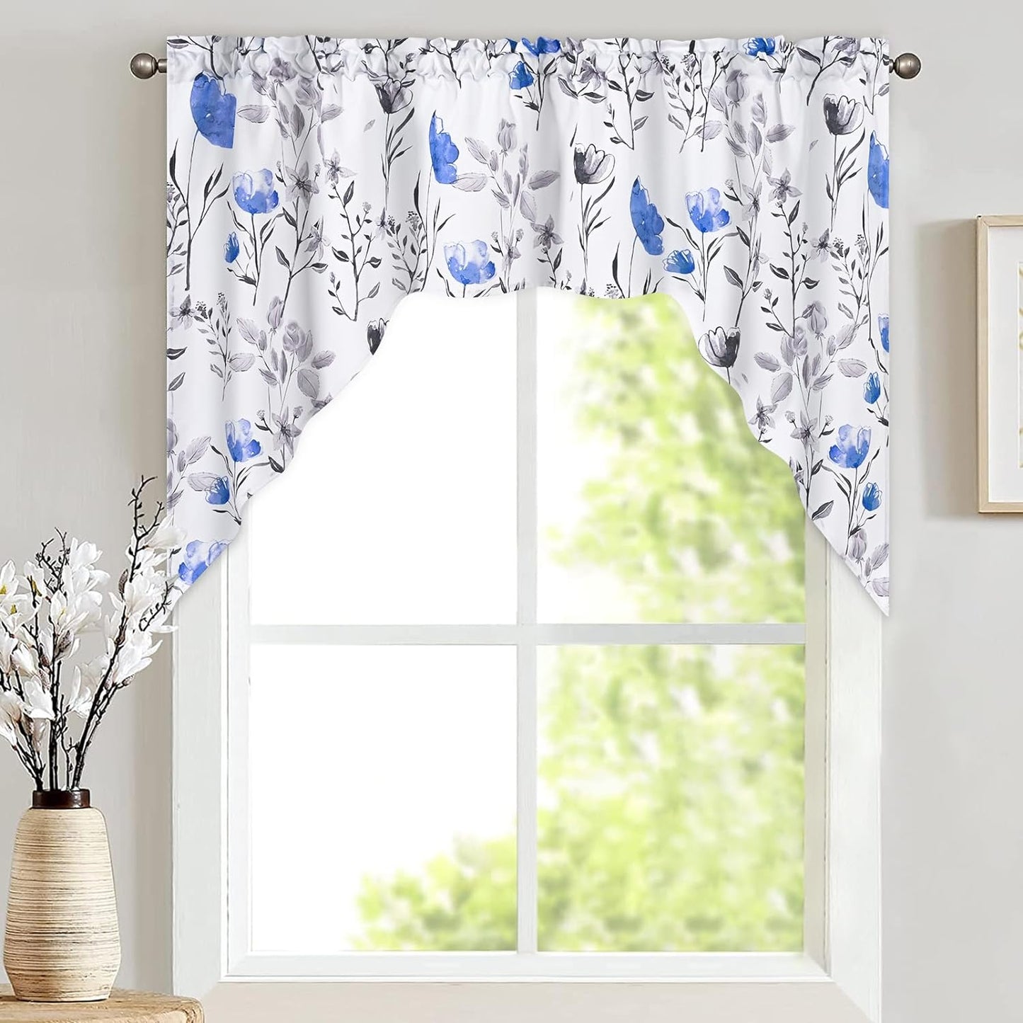 Alishomtll Kitchen Curtains Valances Swags for Windows Blue Floral Printed Window Drapes,61" W x 36" L,Rod Pocket