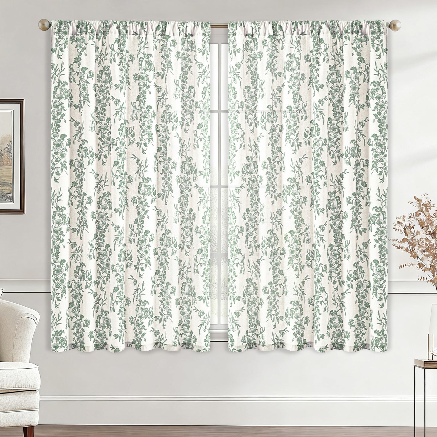 Alishomtll Floral Curtains for Living Room Farmhouse Country Linen Curtains Light Filtering Window Drapes,Sage Green ,52"x63", 2 Panels