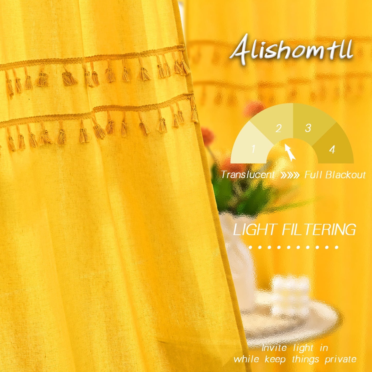 Alishomtll Boho Curtains for Living Room Semi Blackout Curtains with 8 Tassel Window Drapes Back Tab ,Mustard Yellow，52"Wx63"L，2 Panels
