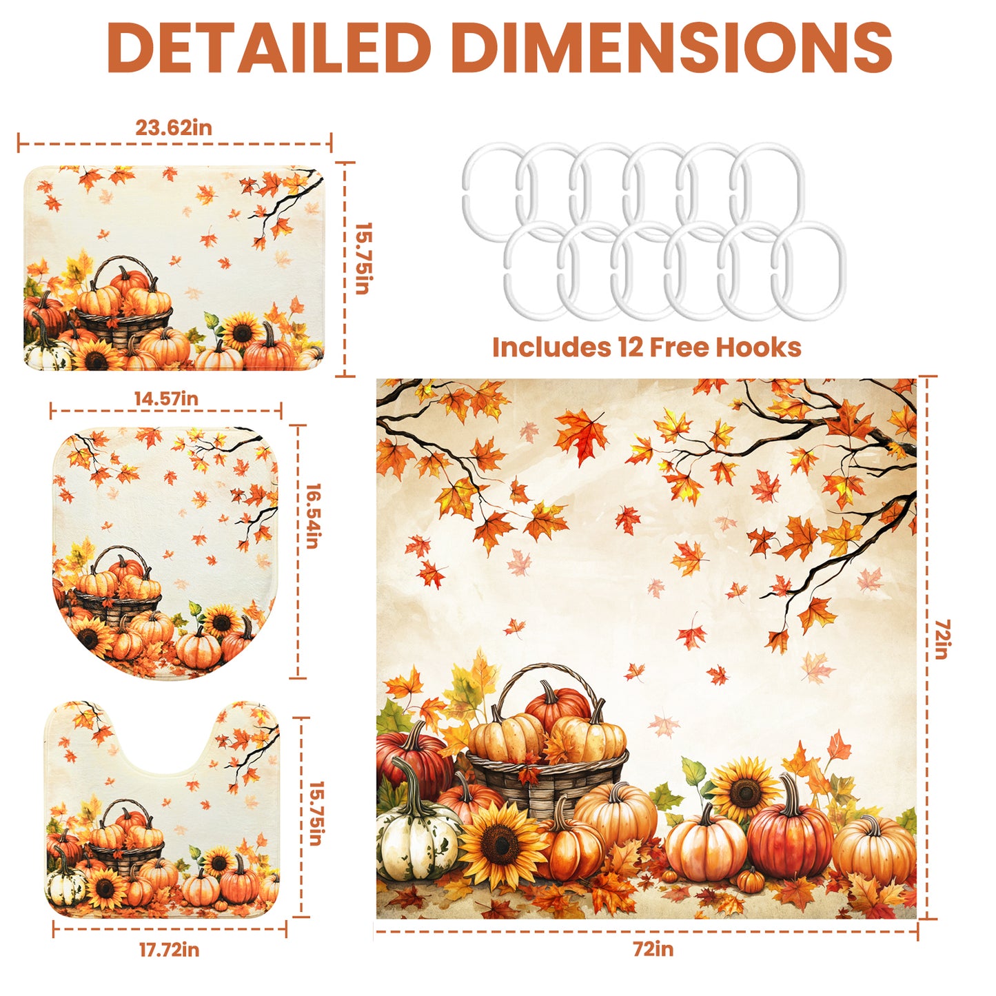 FRAMICS 16-Piece Fall Harvest Thanksgiving Shower Curtain Sets with Rugs, Maple Leaves Pumpkin Bathroom Sets, Waterproof Fabric Bathroom Curtain Decor with Hooks