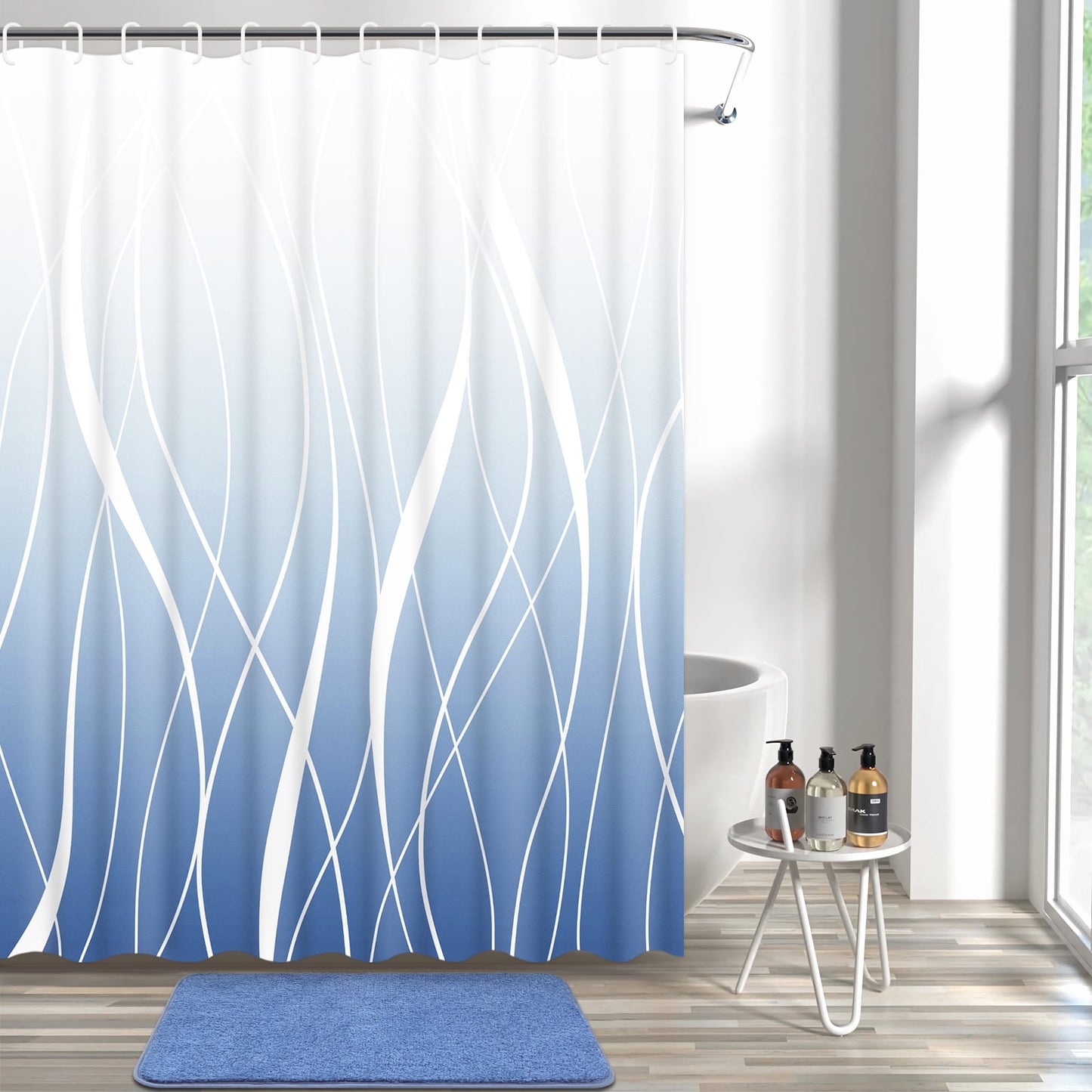 FRAMICS 15-Piece Ombre Blue Bathroom Sets with Shower Curtain and Rugs, Waterproof Fabric Striped Gradient Shower Curtain Sets, 72" x 72"