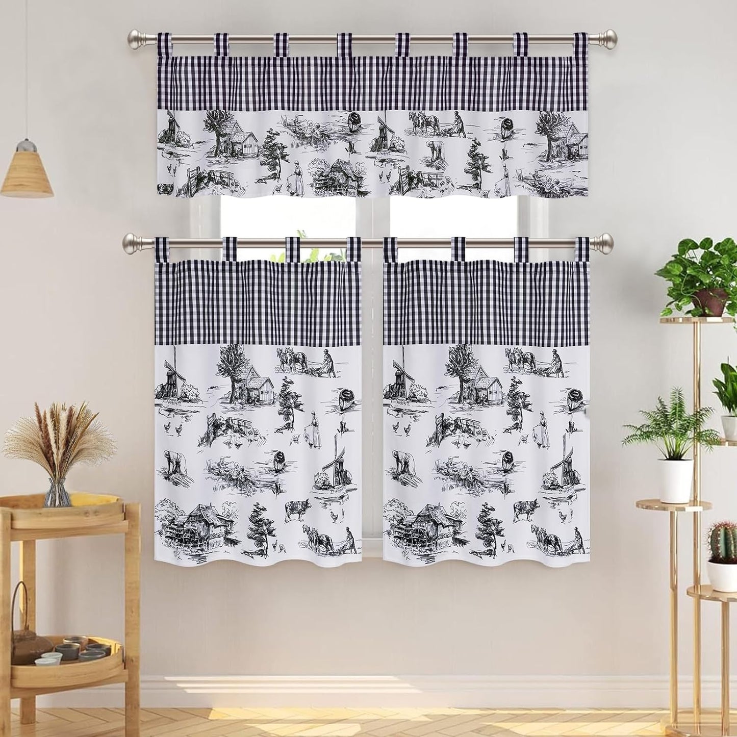 Alishomtll Linen Toile Tier Curtains for Kitchen Buffalo Plaid Short Window Curtain Sets ,Black and White