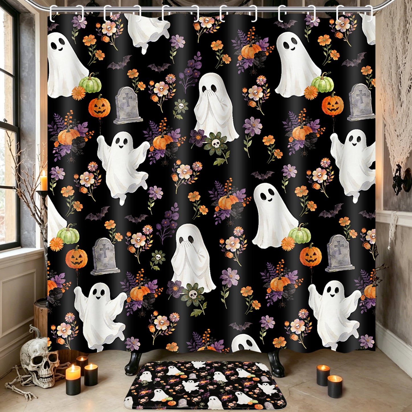 FRAMICS Halloween Cute Ghost Shower Curtain Sets with Rugs, 16-Piece Spooky Floral Pumpkin Bathroom Sets with Hooks, Waterproof Fabric Bathroom Decor 72" x 72"