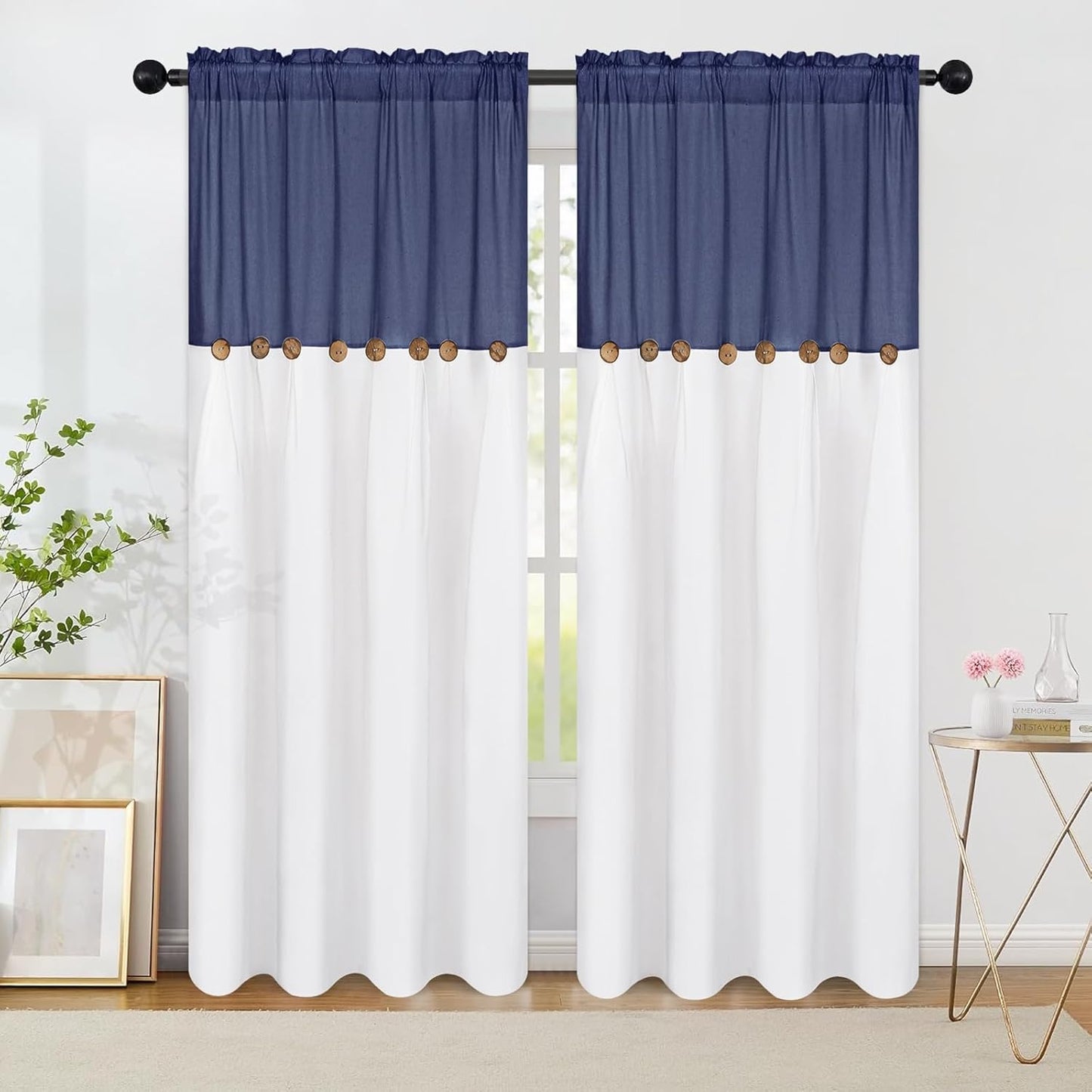 Alishomtll Linen Curtains Farmhouse Boho Button Light Filtering Window Drapes For Living Room Bedroom,Rod Pocket,84"L x 52"W, 2 Panel,Blue White