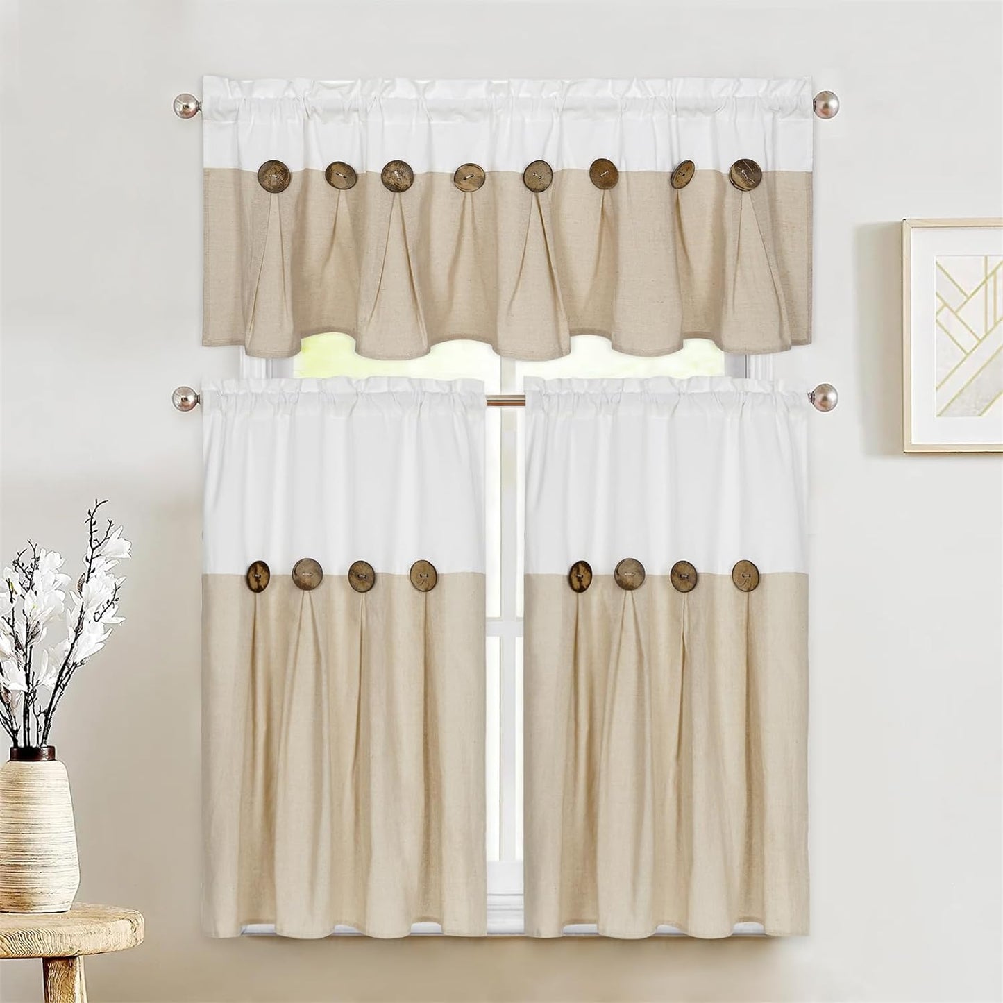 Alishomtll Linen Kitchen Curtains 36 inch Farmhouse Boho Button Light Filtering Window Drapes,Rod Pocket,36"L x 26"W, 2 Panel,Linen White