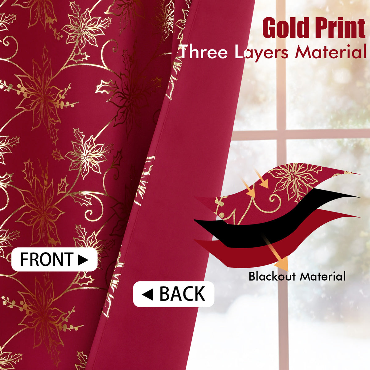Alishomtll Red Christmas Blackout Curtains Golden Poinsettia Foil Print Room Darkening Window Drapes, 52" x 84"L, Set of 2 Panels
