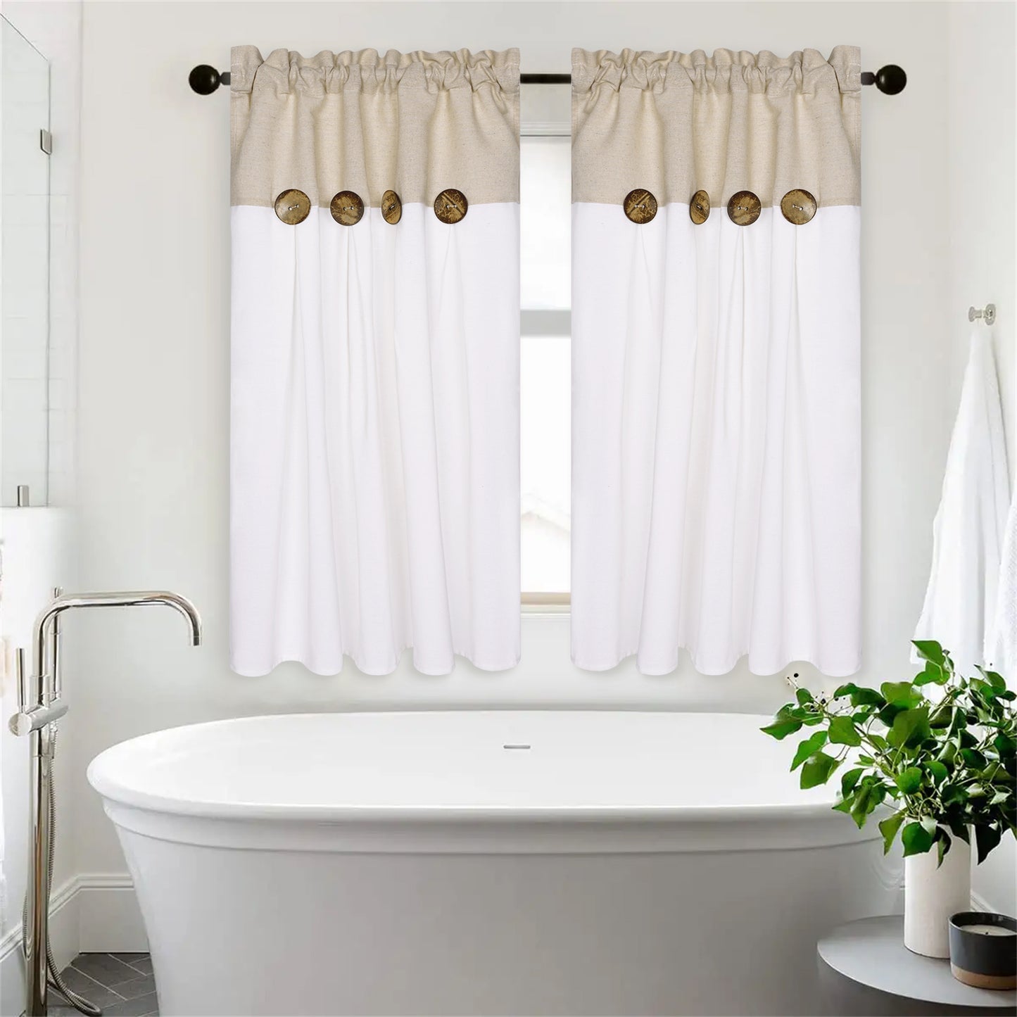 Alishomtll Linen Kitchen Curtains 36 inch Farmhouse Boho Button Light Filtering Window Drapes,Rod Pocket,36"L x 26"W, 2 Panel,White Linen