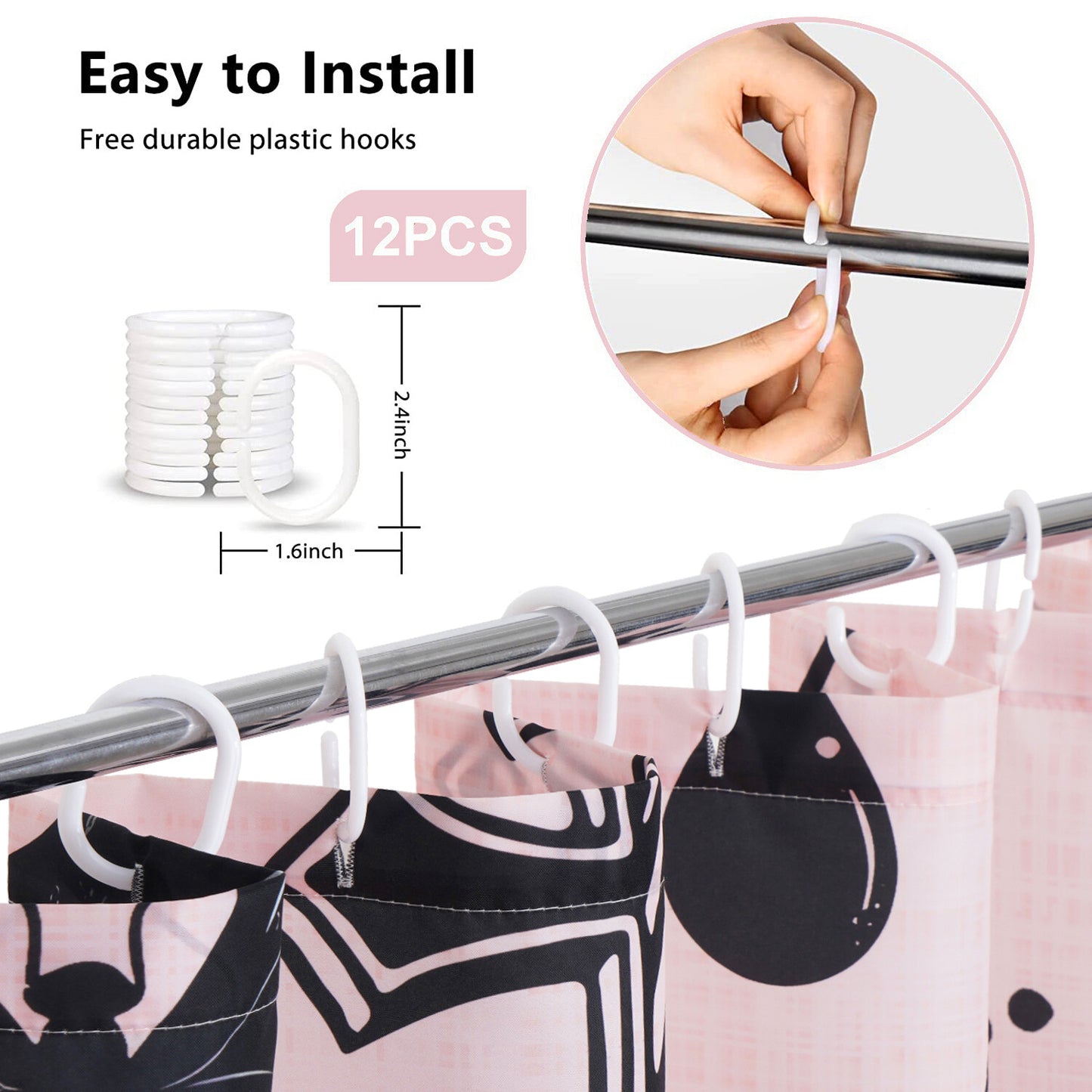 FRAMICS Halloween Shower Curtain Sets with Rugs, 16 Pc Scary Spooky Skeleton Devil Bat Bathroom Sets, Cute Pink Waterproof Fabric Shower Curtain with 12 Hooks and Toilet Rugs