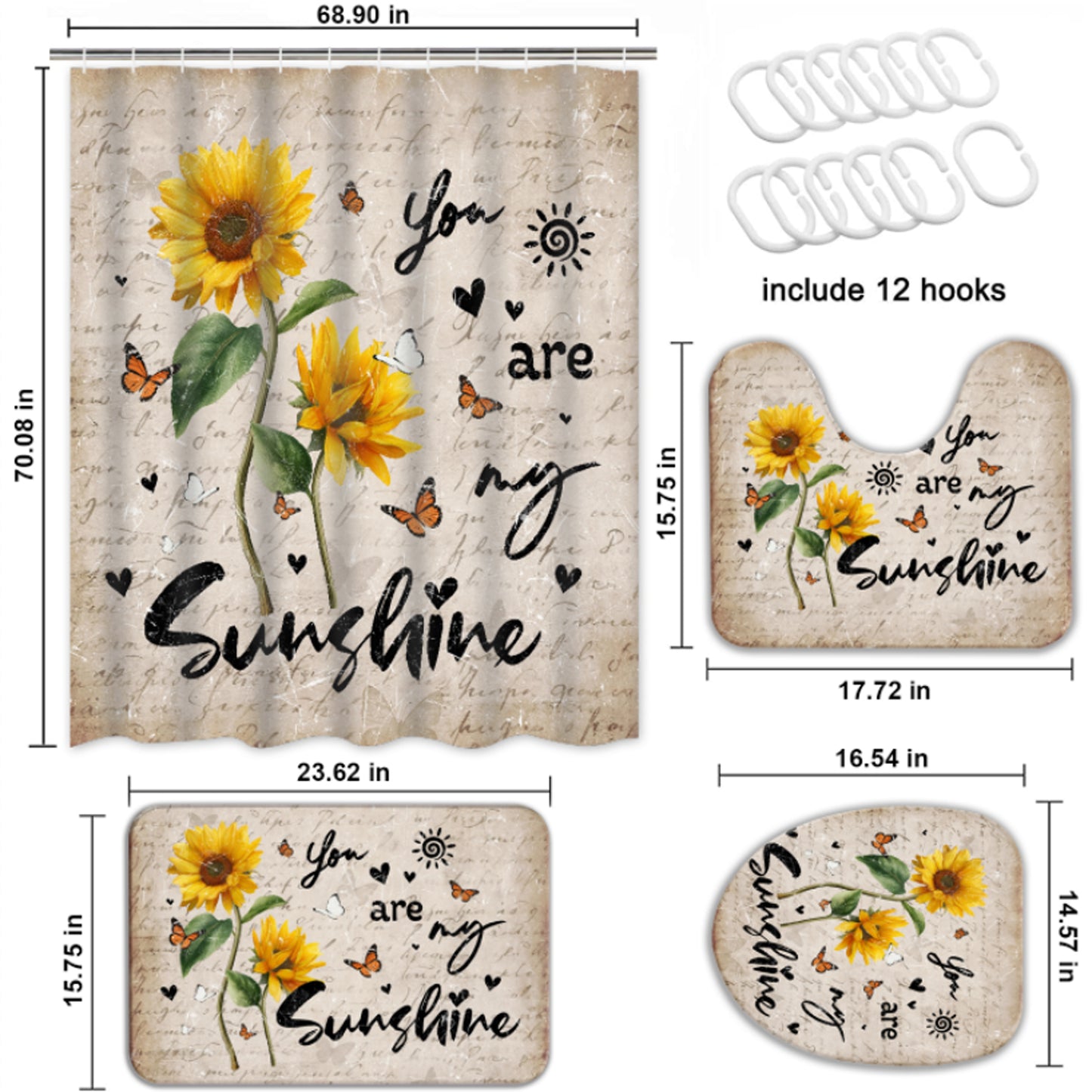 FRAMICS Beige Sunflower Shower Curtain and Rug Sets, 16 Pc You are My Sunshine Bathroom Sets, Waterproof Fabric Shower Curtain with 12 Hooks and Toilet Rugs