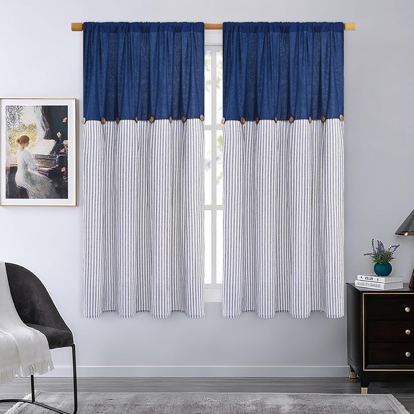 Alishomtll Farmhouse Curtains Natural Stripe Cotton Linen Button Boho Rustic Rod Pocket Back Tab Window Drapes for Living Room , 2 Panels