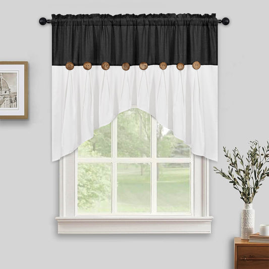Alishomtll Linen Valance Farmhouse Boho Button Kitchen Curtains ,Rod Pocket,36"L x 52"W, Black White