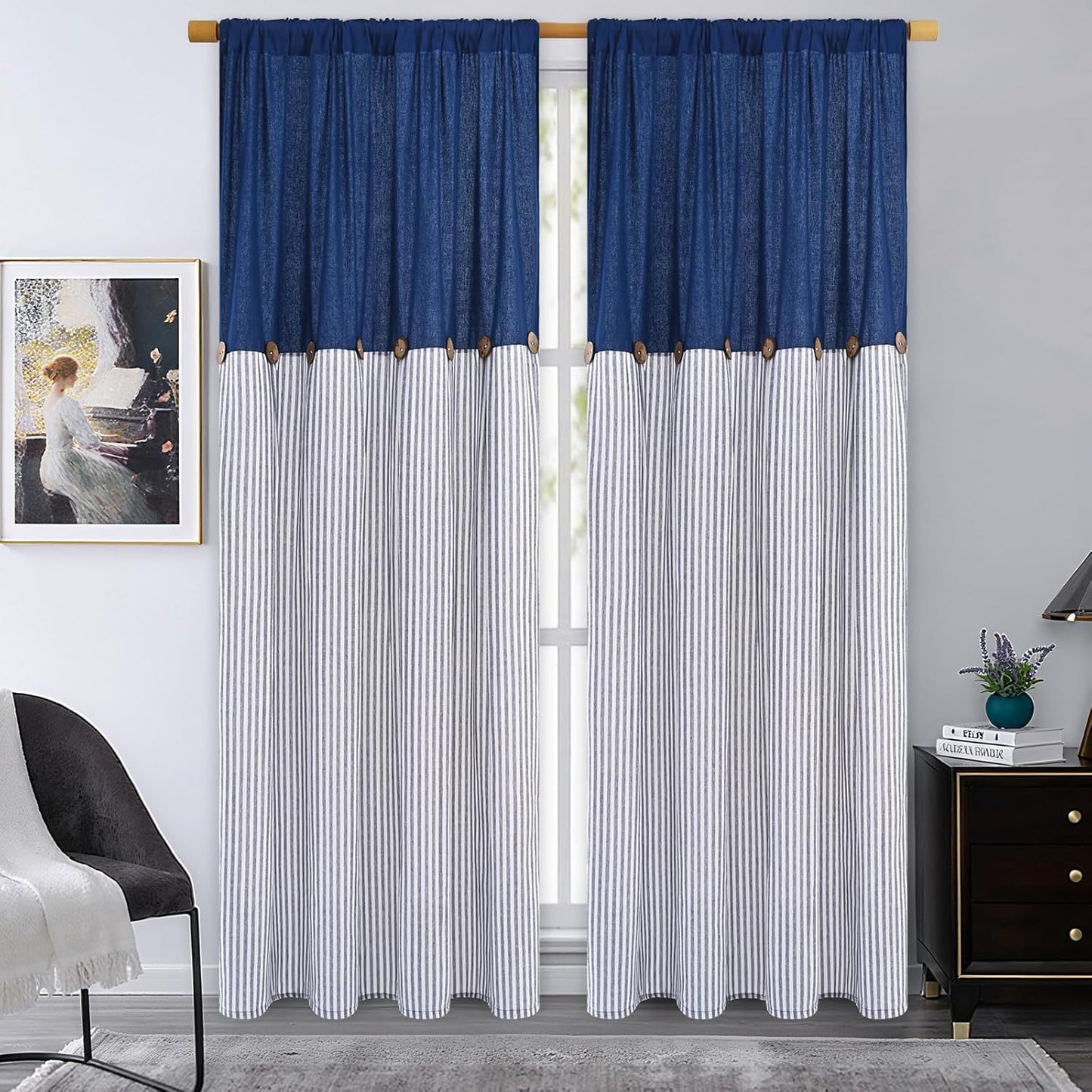 Alishomtll Farmhouse Curtains Natural Stripe Cotton Linen Button Boho Rustic Rod Pocket Back Tab Window Drapes for Living Room , 2 Panels
