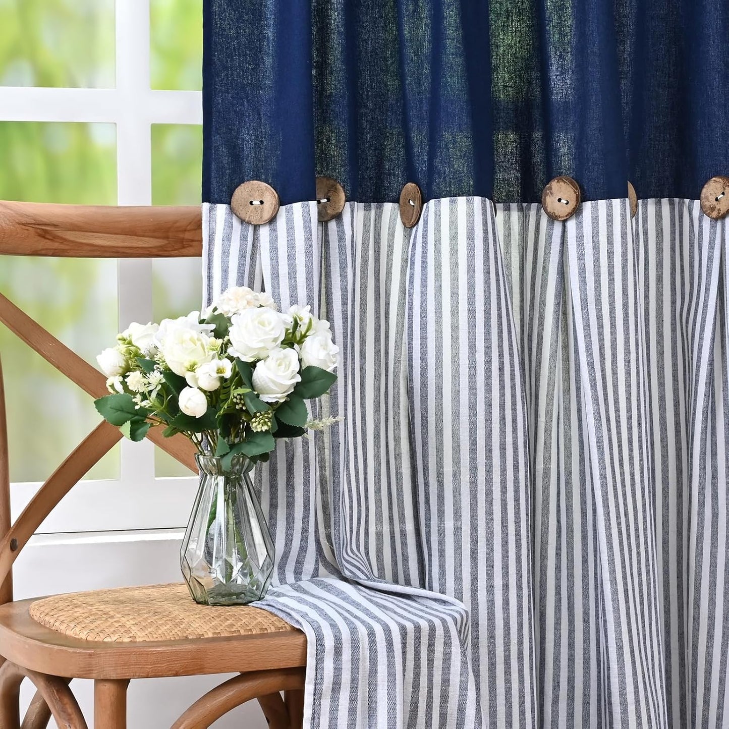 Alishomtll Farmhouse Curtains Natural Stripe Cotton Linen Button Boho Rustic Rod Pocket Back Tab Window Drapes for Living Room , 2 Panels