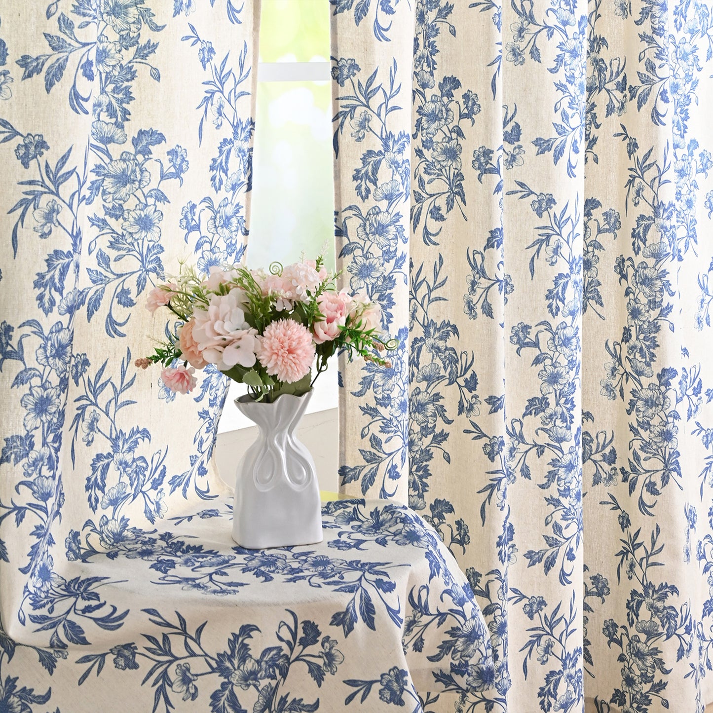Alishomtll Floral Curtains for Living Room Farmhouse Country Linen Curtains Light Filtering Window Drapes,Blue ,52"x63", 2 Panels