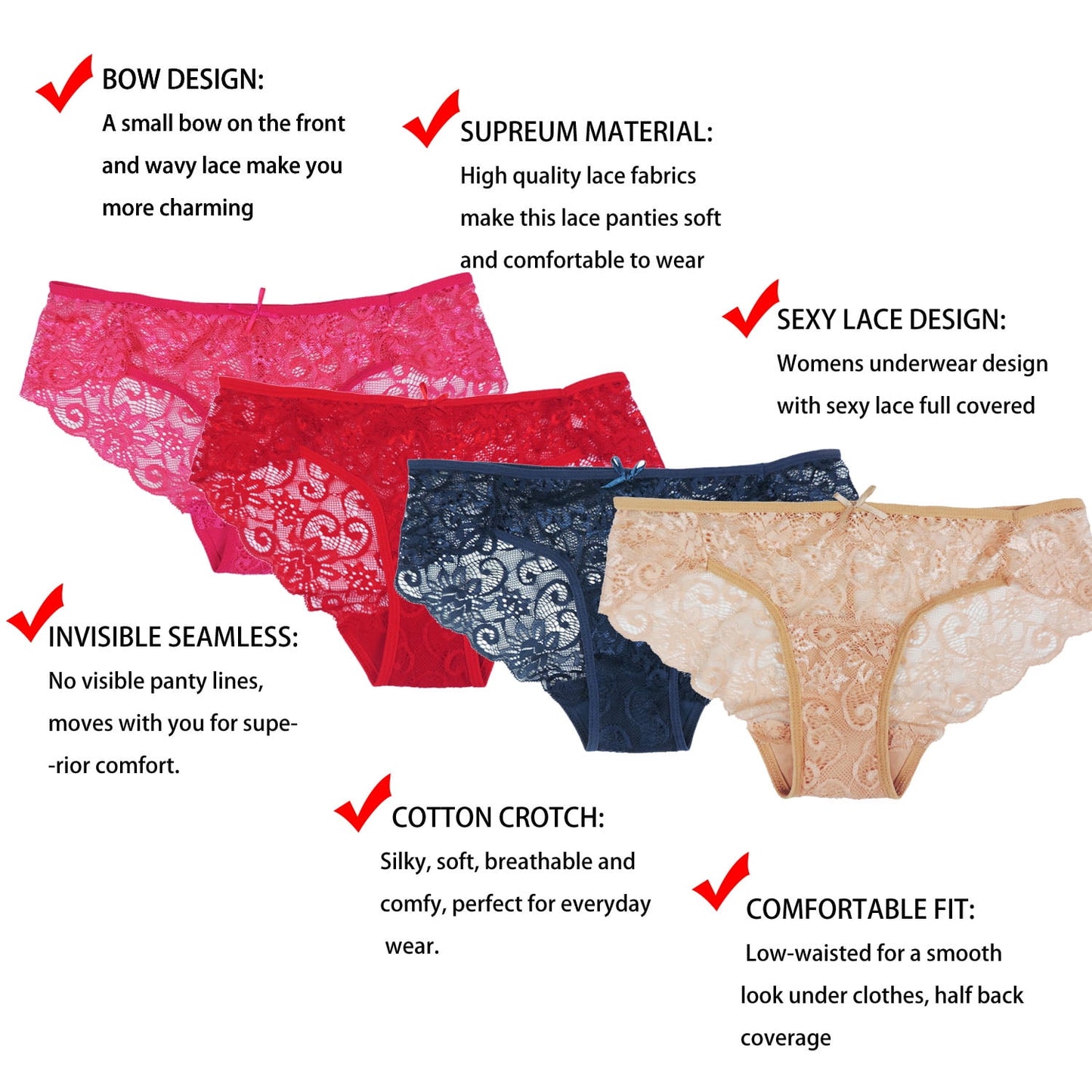 Sunm Boutique Lace Panties Cotton Underwear for Women Plus Size Cheeky Panties for Women Hipster 6 pack
