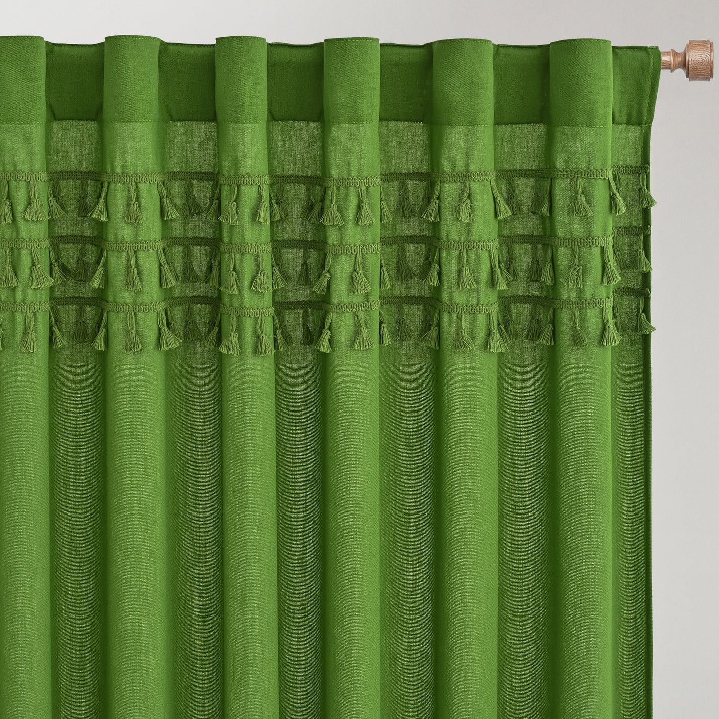 Alishomtll Boho Curtains for Living Room Semi Blackout Curtains with 8 Tassel Window Drapes Back Tab ,Green，52"Wx84"L，2 Panels