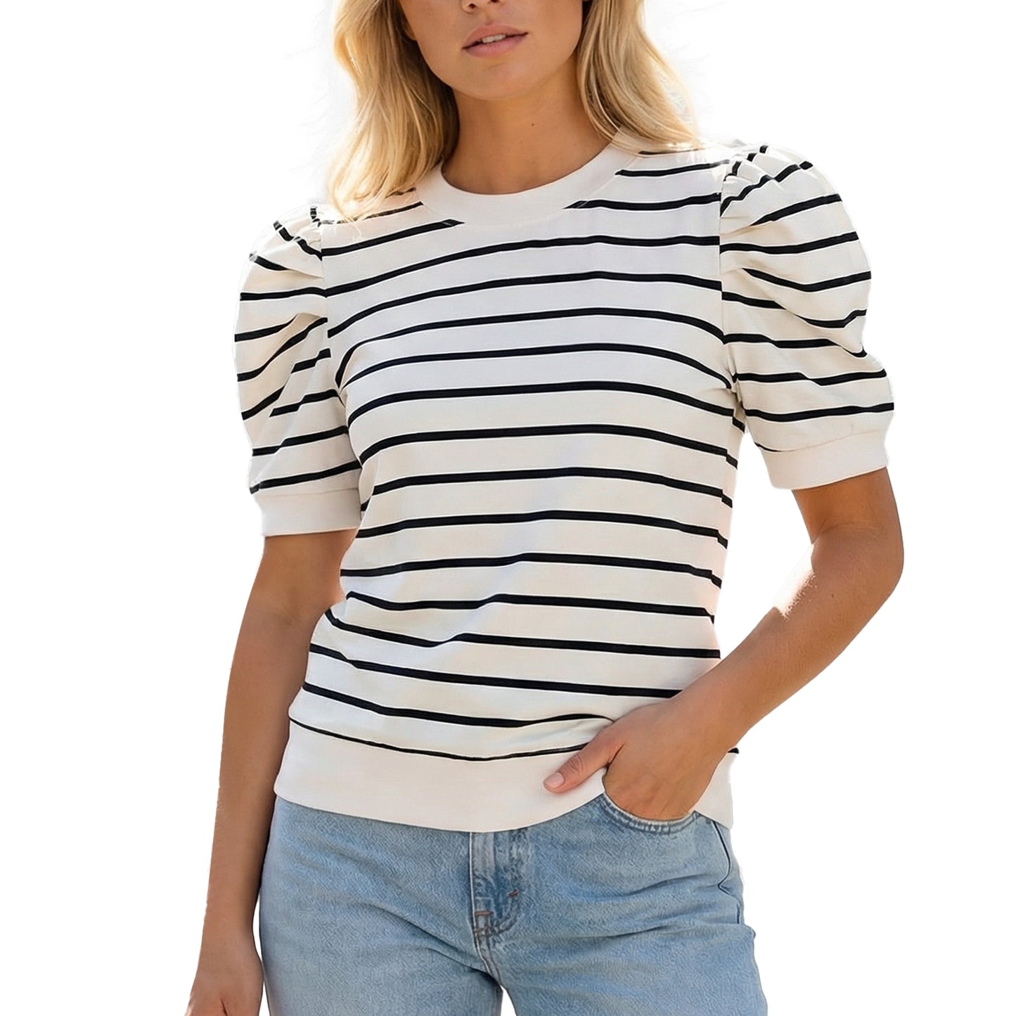 Gingprous Women's Puff Short Sleeve Striped Knit Top Casual Crewneck Blouse for Spring Summer