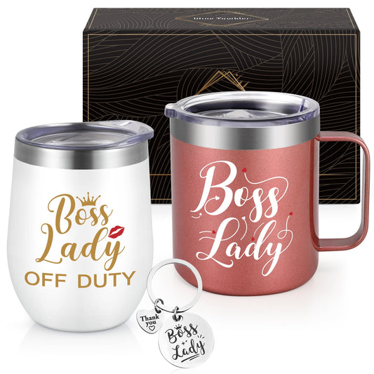 Gingprous 12oz Stainless Steel Tumbler Set,Boss Lady,Boss Lady Off Duty  , Vacuum Insulated Tumblers, Boss Day Gifts for Women, Manager, Boss,Birthday ,Christmas gifts, Rose Gold&White