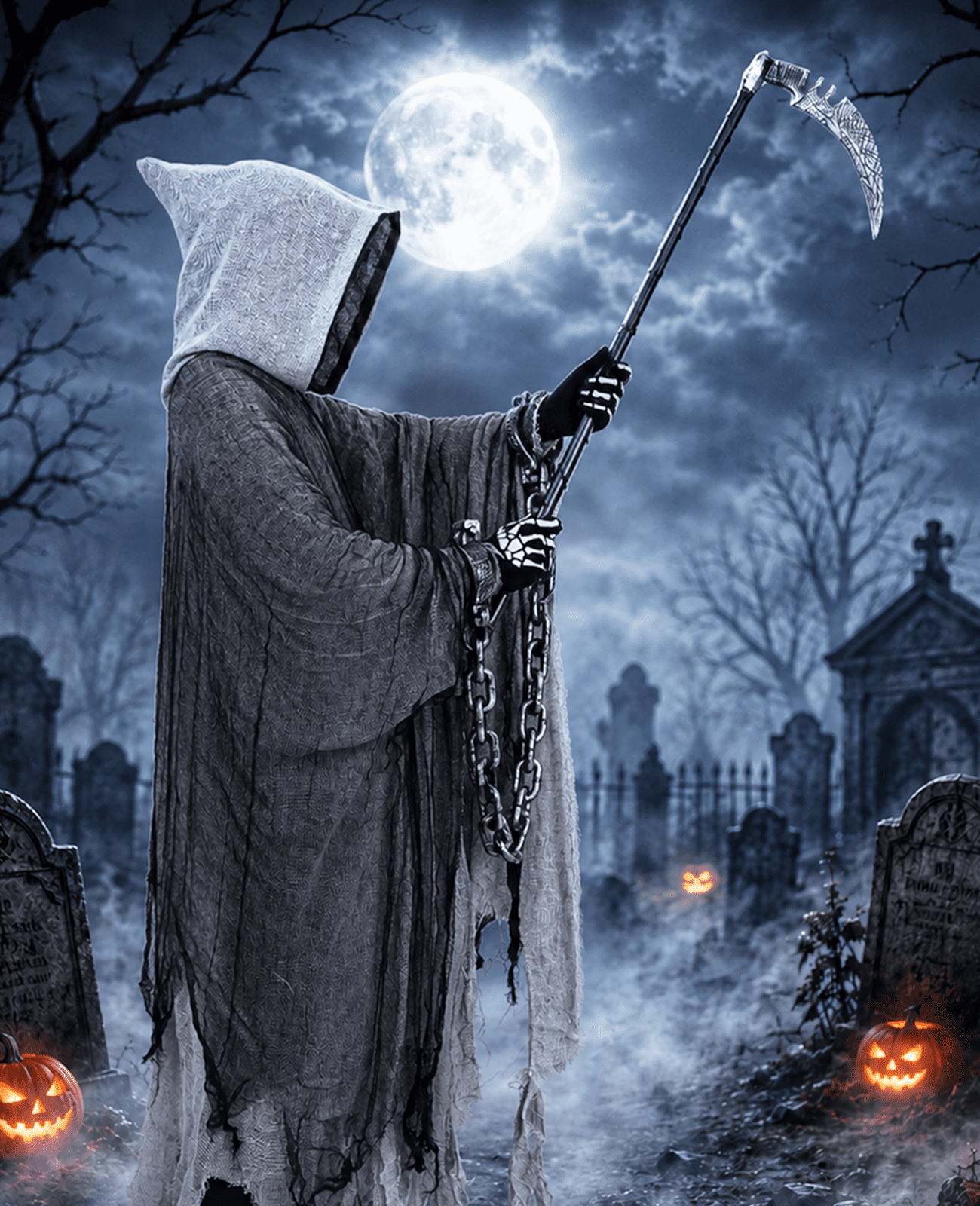 MecTo Halloween Grim Reaper Costume Adults, Scary Hooded Cloak with Skull Mask, Scythe, Gloves, Chain Cuffs