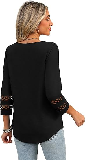Gingprous 3/4 Sleeve Womens Hallow Out Sleeve Tops V Neck Tunic Blouse Curved Hem Casual Shirt