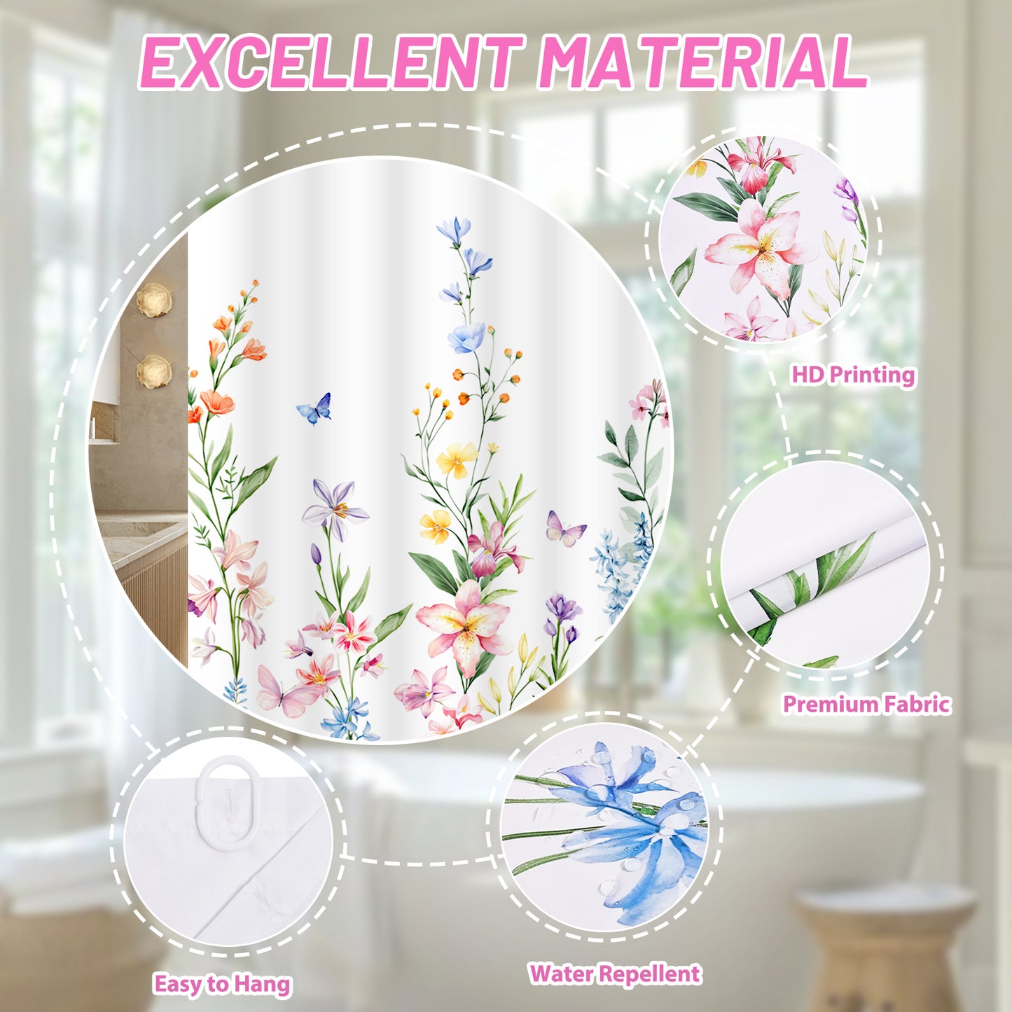 FRAMICS 16-Piece Floral Shower Curtain Sets with Rugs, Watercolor Wildflower Bathroom Sets with Hooks, Waterproof Fabric Bathroom Curtain, Machine Washable