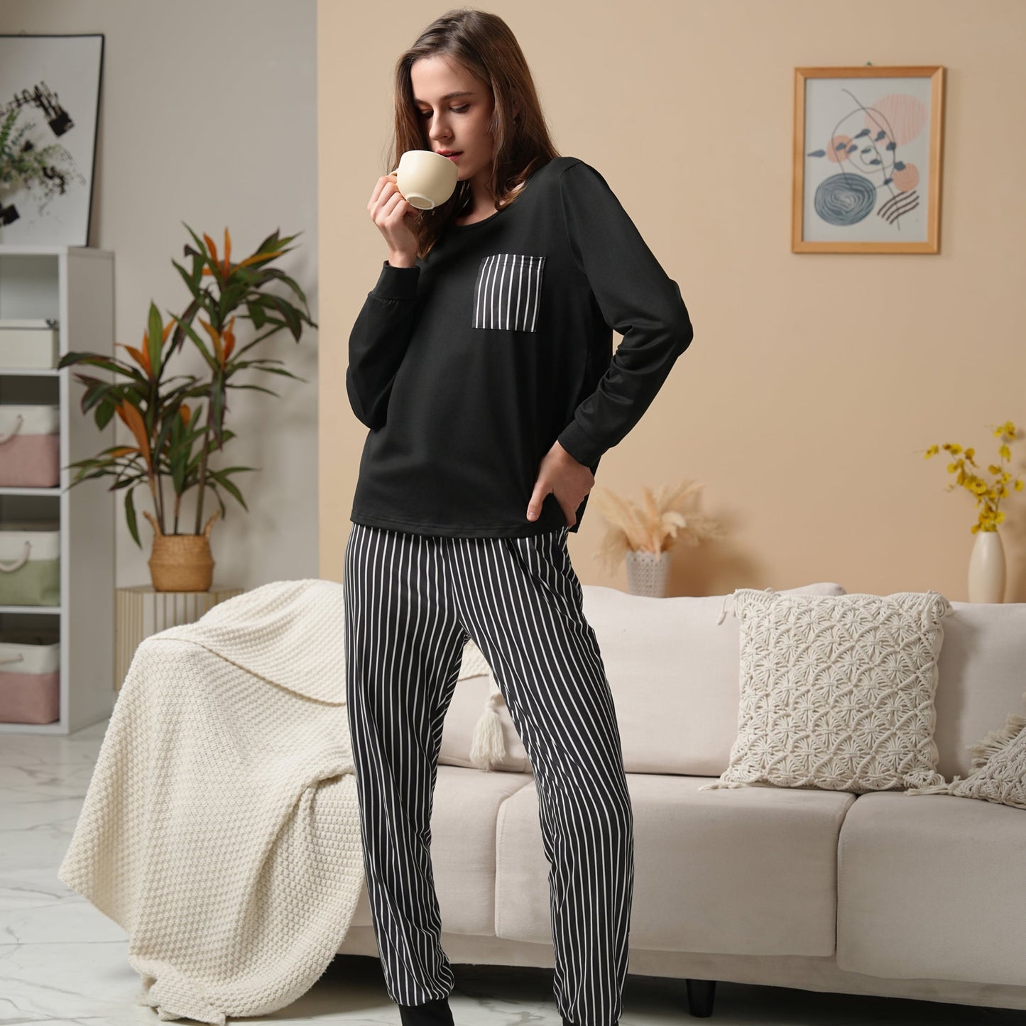 MecTo Women Pajamas Sets Soft Pj Set Long Sleeve Top with Long Pants Sleepwear 5 Piece Lounge Set