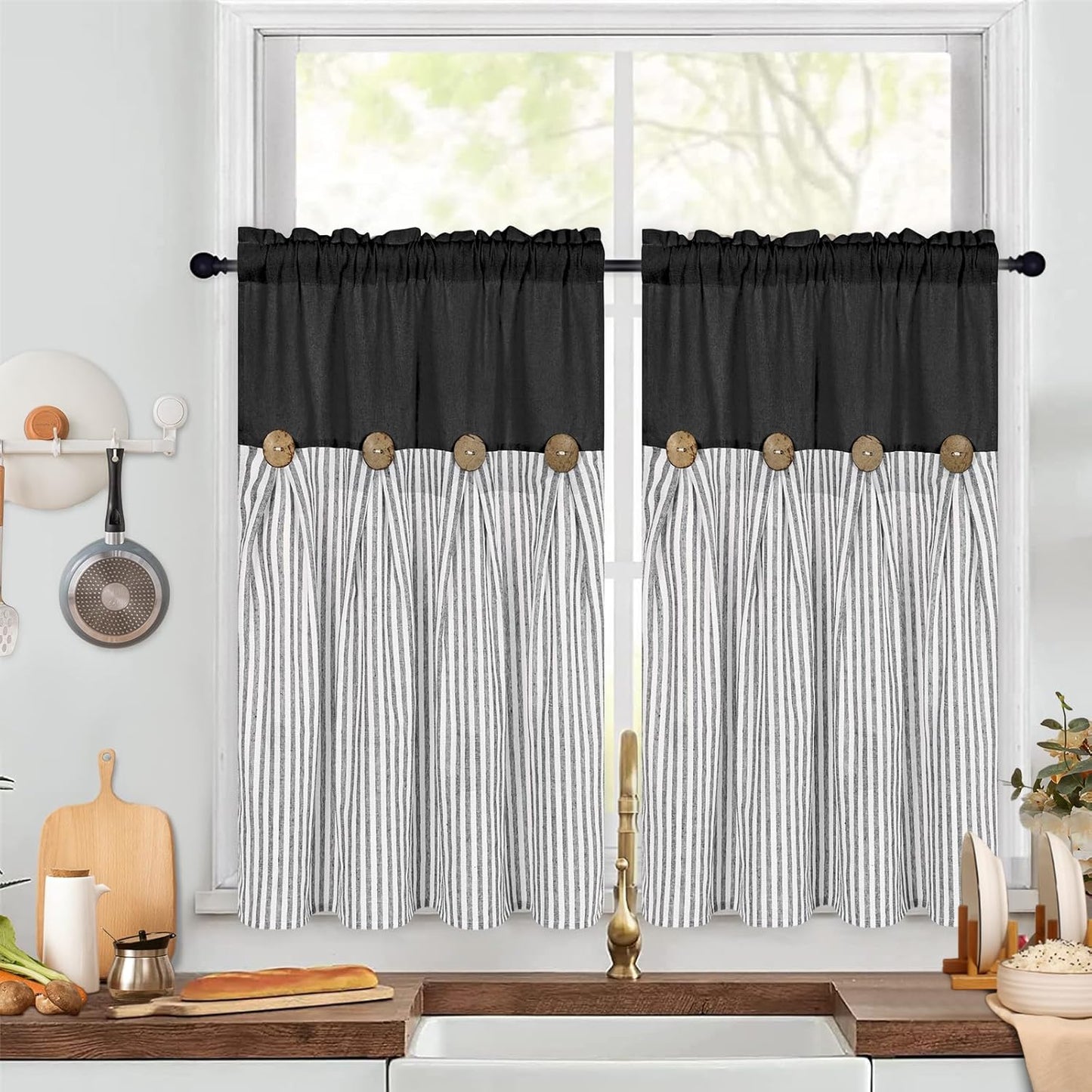 Alishomtll Stripe Kitchen Curtains 8 Button Linen Cotton Window Curtains Sets 36 Inches Long ,Rod Pocket