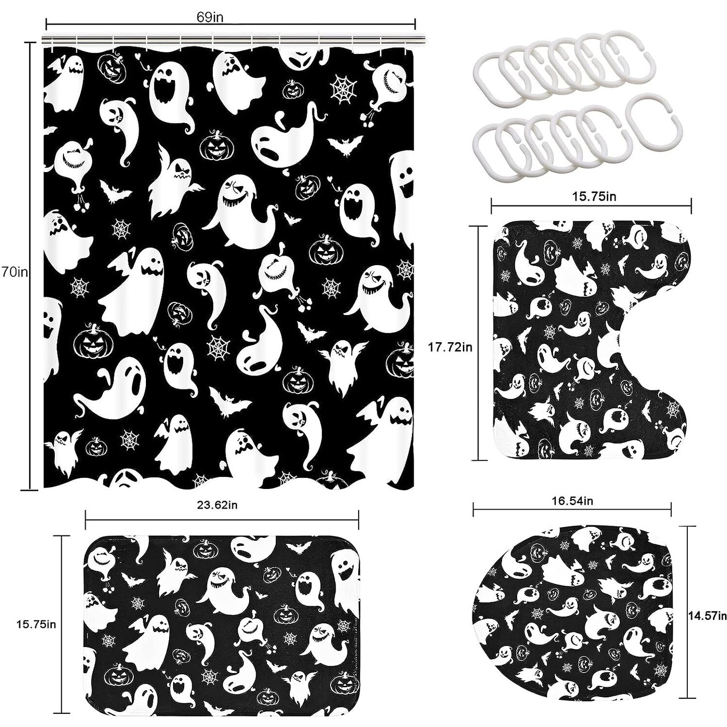 FRAMICS Halloween Ghost Shower Curtain Sets with Rugs and Accessories, 16 Pc Funny Spook Bathroom Sets, Black White Waterproof Fabric Shower Curtain with 12 Hooks and Toilet Rugs