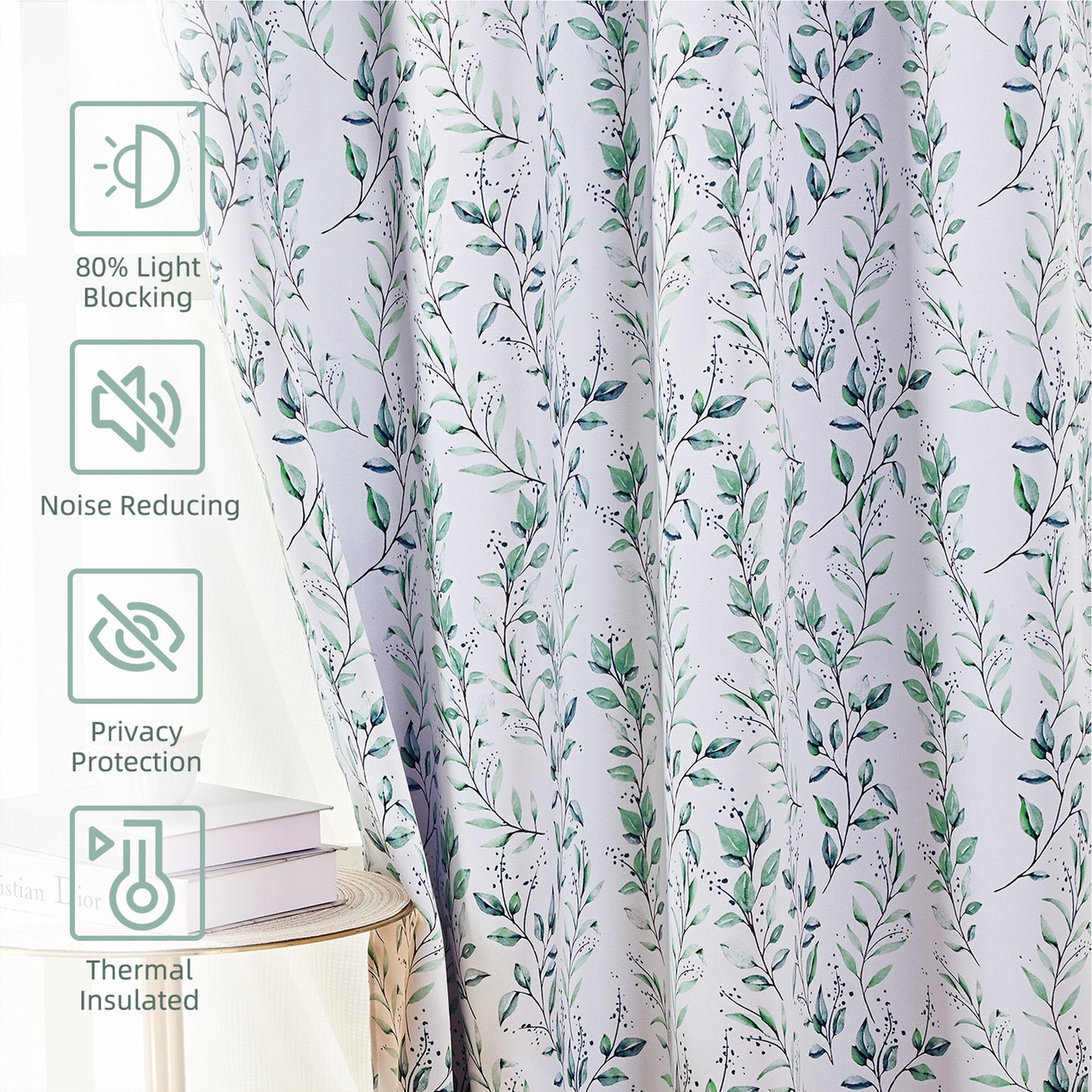 Alishomtll Blackout Curtains Green Leaf Printed Thermal Insulated Window Drapes for Bedroom Living Room 84 Inches Long,52" Wide, 2 Panels