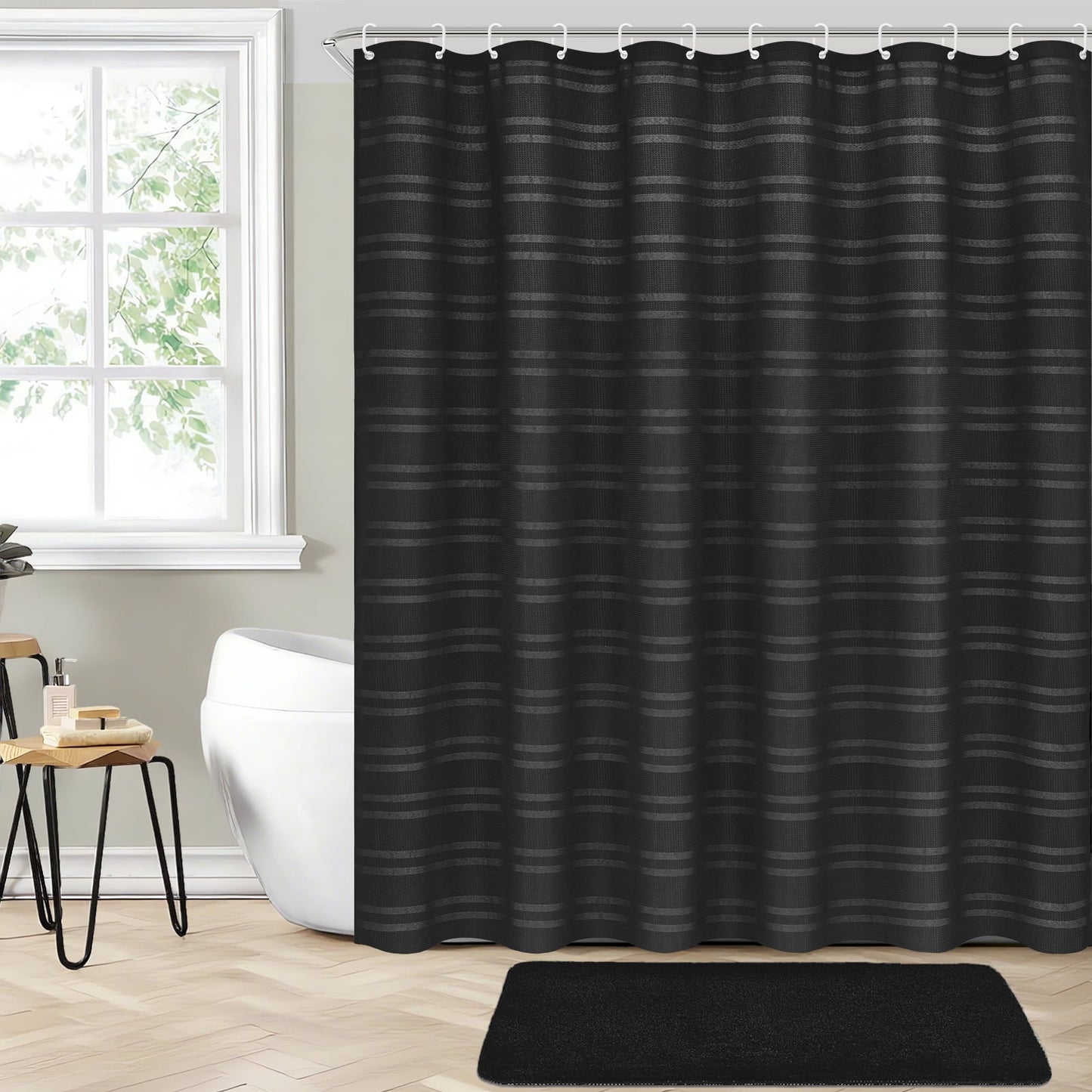 FRAMICS Heavy-Duty Waffle Weave Shower Curtain Sets with Rug, 14-Piece Striped Fabric Bathroom Sets with Hooks, Hotel Grade, Waterproof & Washable, Black, 71.3" x 71.3"
