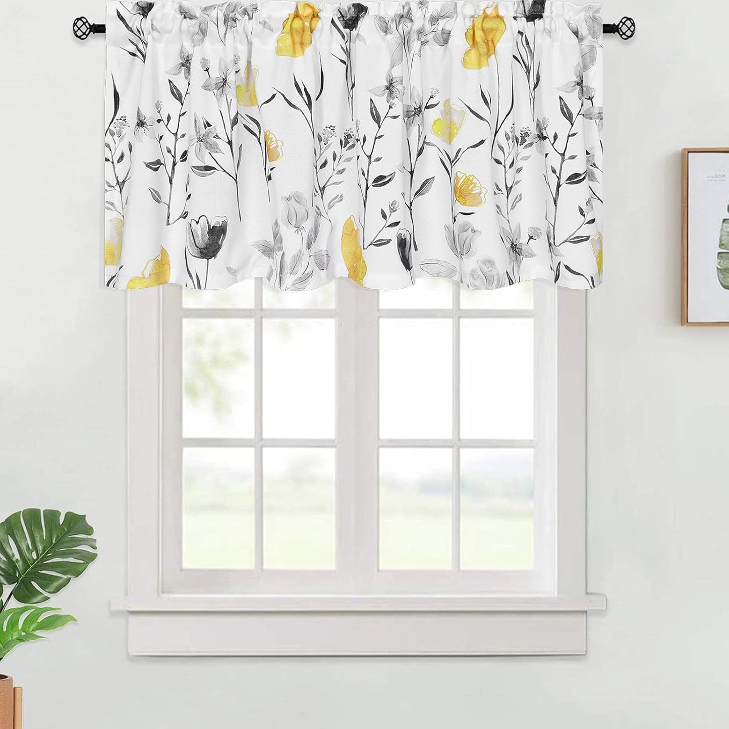 Alishomtll Valance Curtains Flower Print Window Curtain Valance Rod Pocket, Yellow ,52W" x 18L"