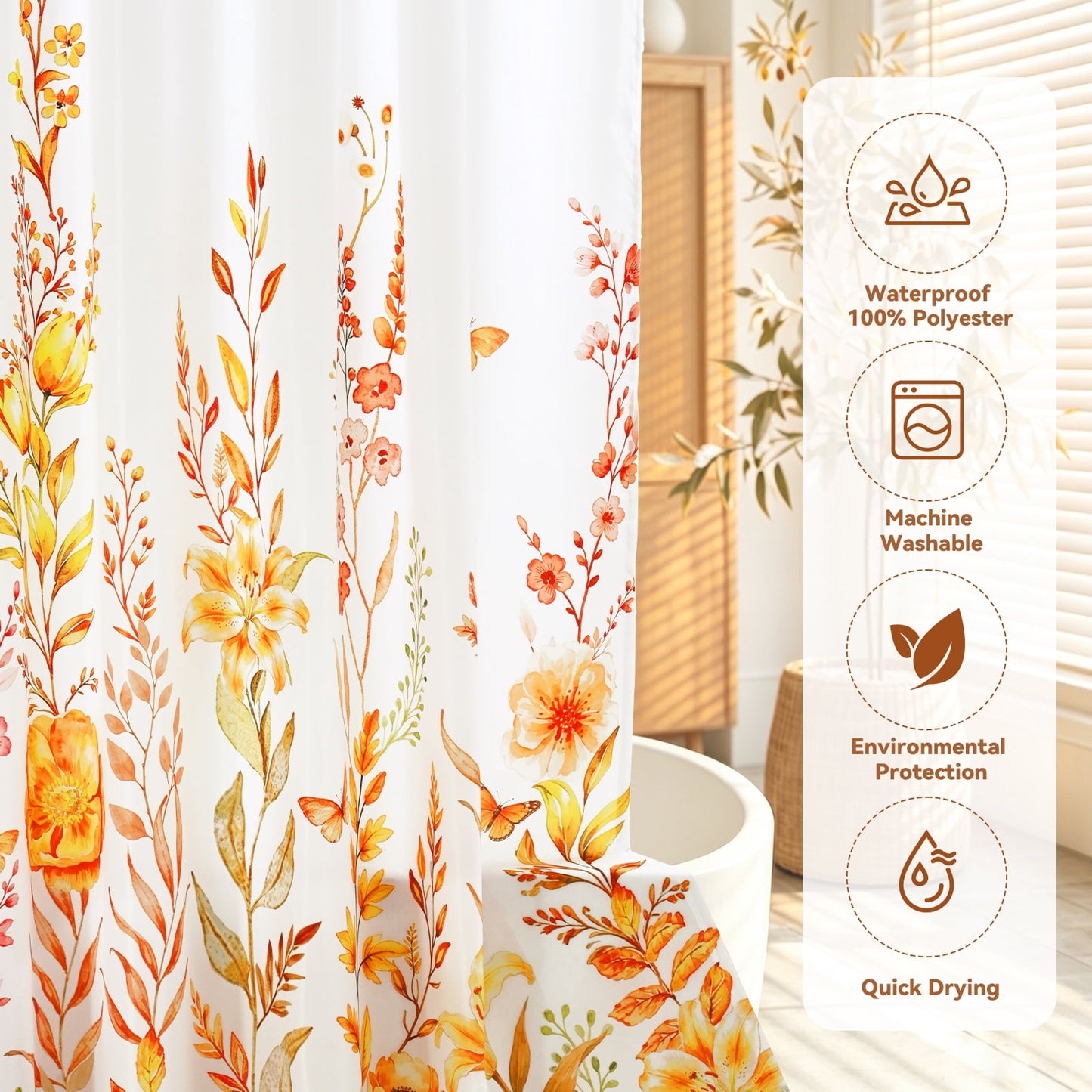 FRAMICS Fall Floral Shower Curtain Sets with Rugs, Waterproof Fabric Watercolor Flower Bathroom Sets with Hooks, Orange, 72" x 72"