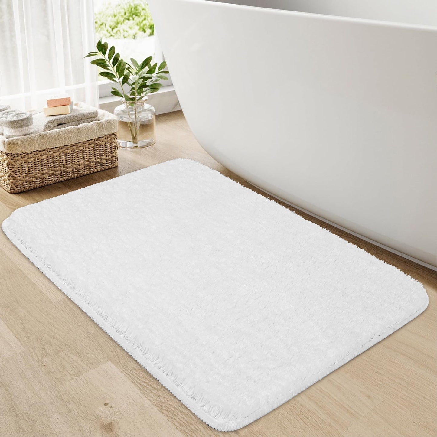FRAMICS No Hook Shower Curtain Sets with Rug, Checkered Textured Waterproof Fabric Bathroom Sets with with Mesh Top Window, Hotel Grade, White, 70.9" x 74.8"