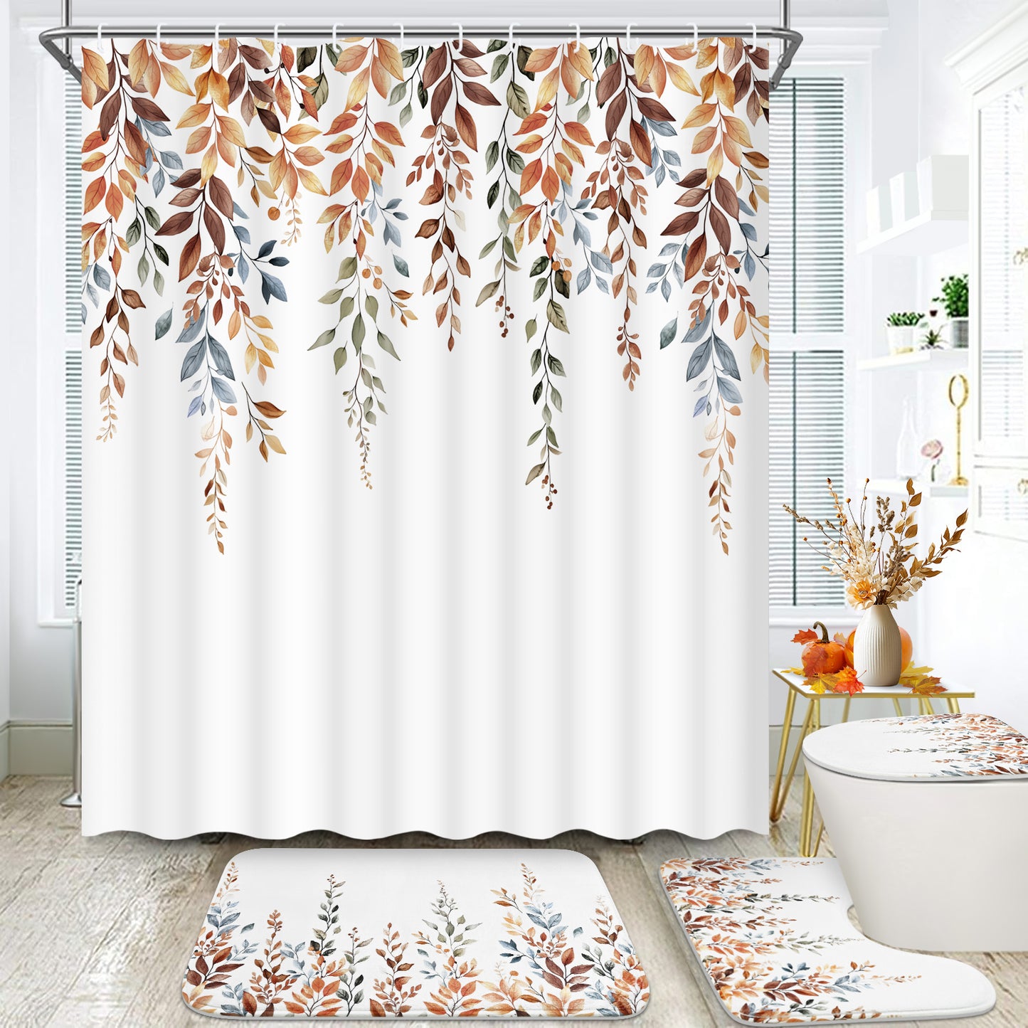 FRAMICS 16-Piece Fall Eucalyptus Shower Curtain Sets with Rugs, Watercolor Plant Leaves Bathroom Sets, Waterproof Fabric Bathroom Curtain Decor with Hooks