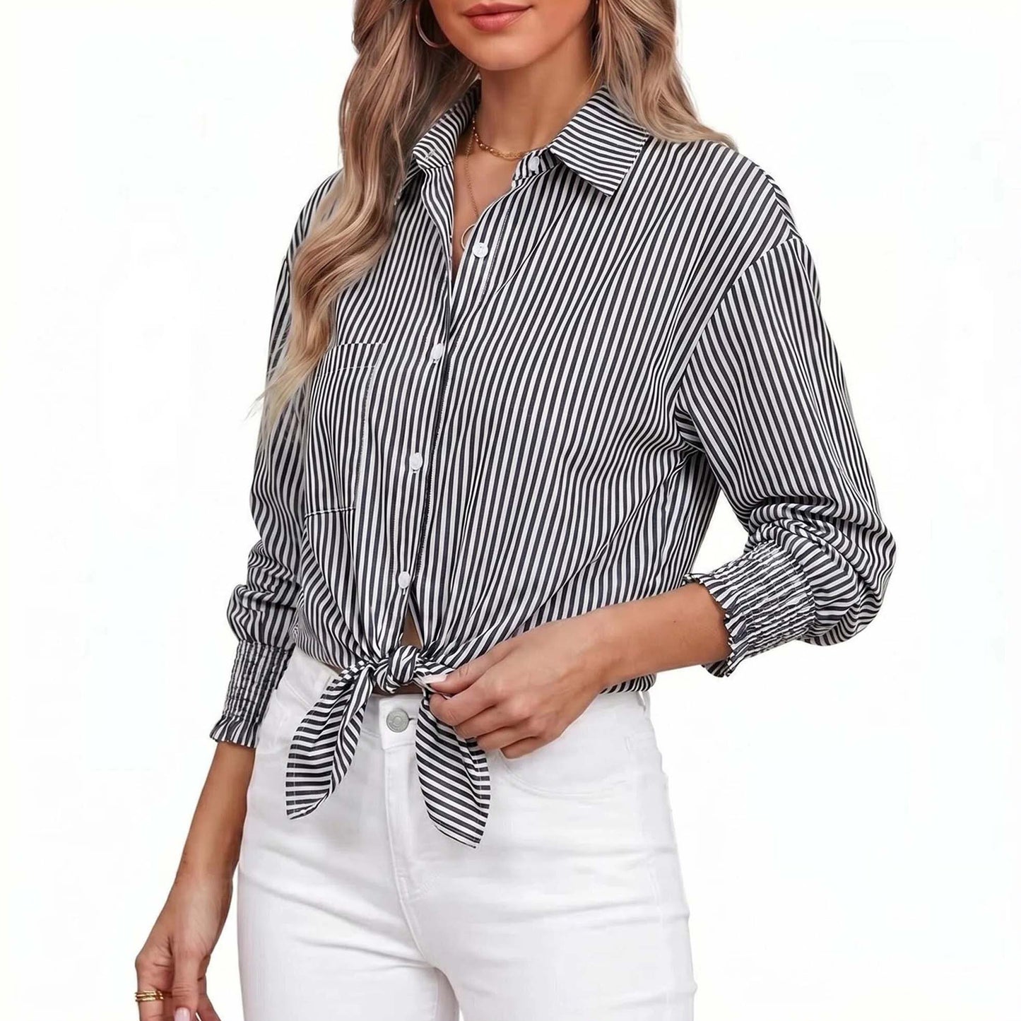 Gingprous Women Striped Button Down Shirt Oversized Long Sleeve Blouse with Smocked Cuffs Pocket